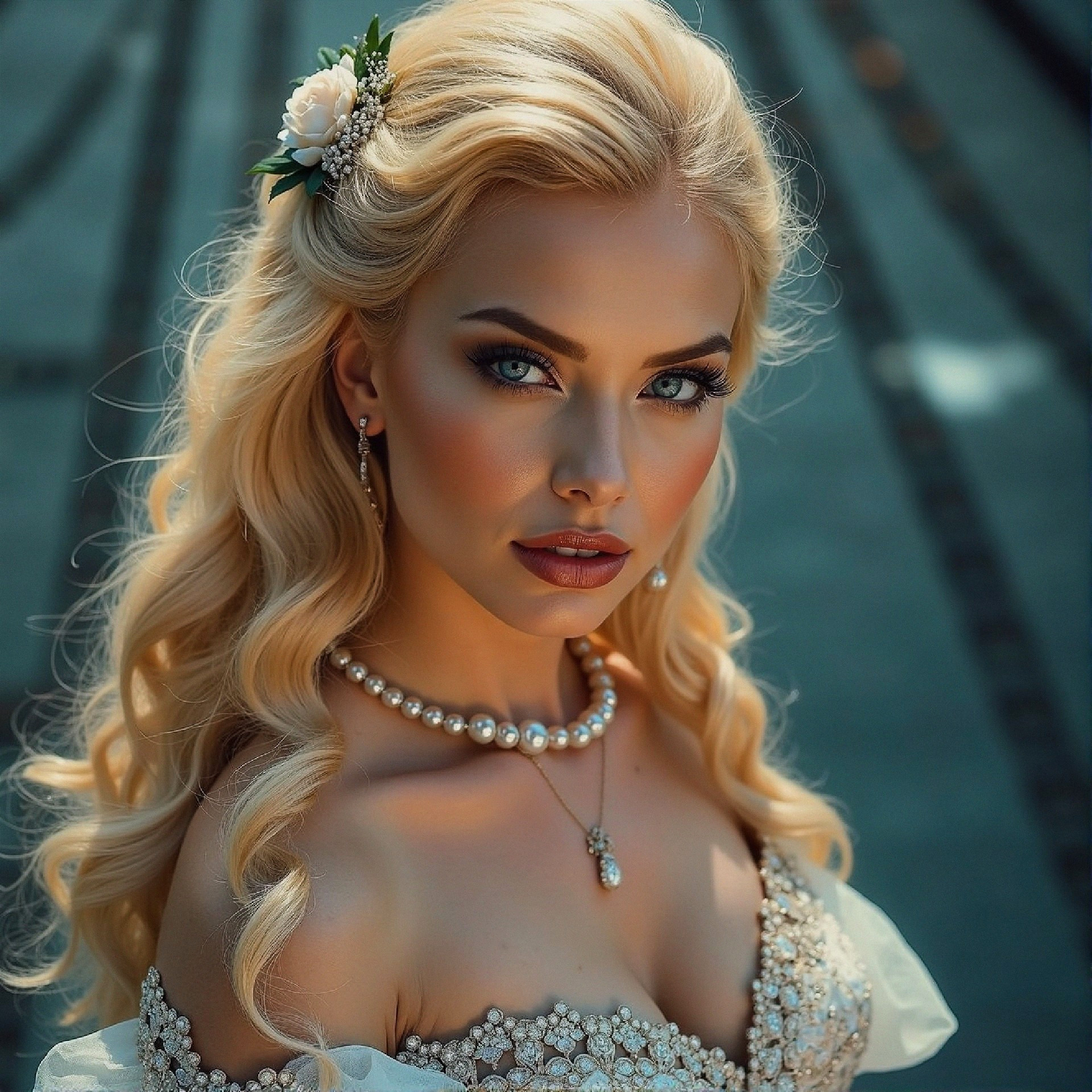 Elegant woman in off-shoulder gown with floral accessory