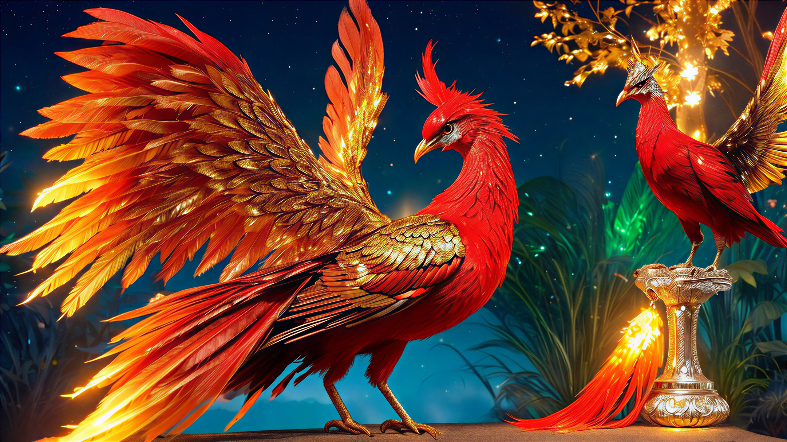 Majestic phoenix with vibrant feathers in twilight setting