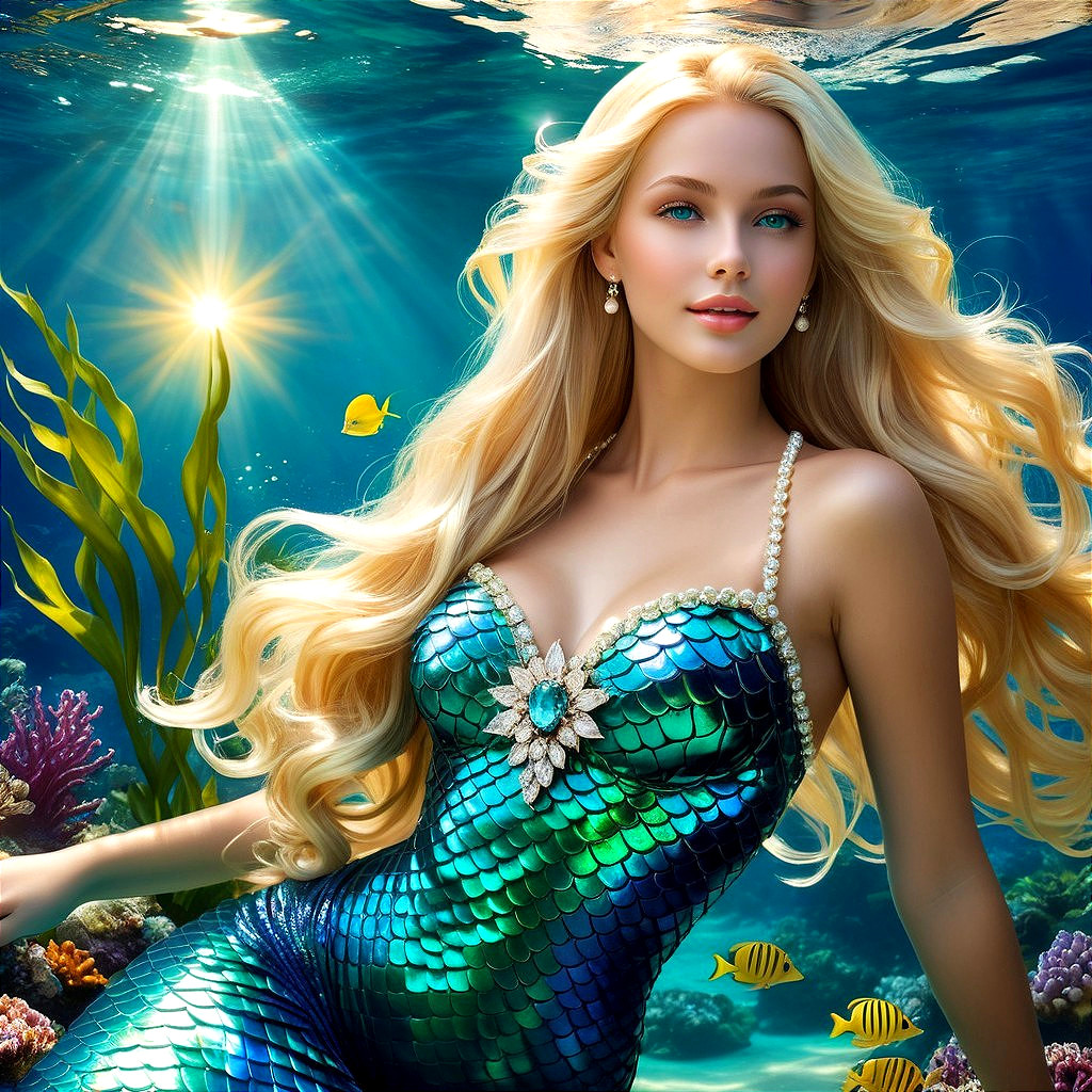 Mermaid Swimming in an Enchanting Underwater Scene