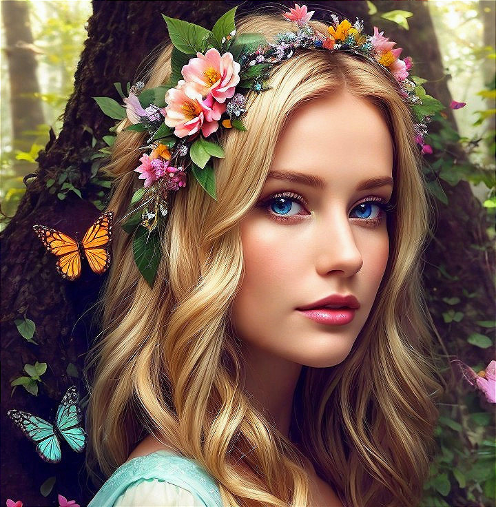 Young Woman with Flower Crown in Enchanting Forest