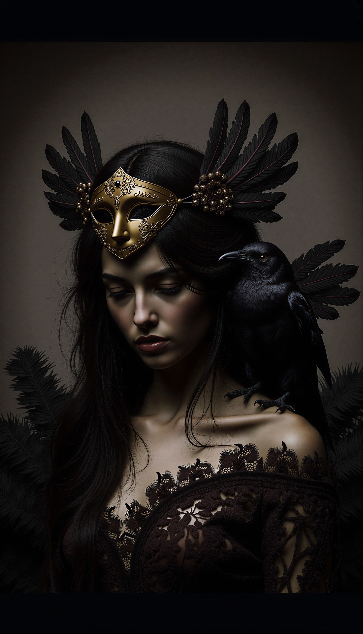 Woman in Ornate Mask with Raven and Dark Foliage