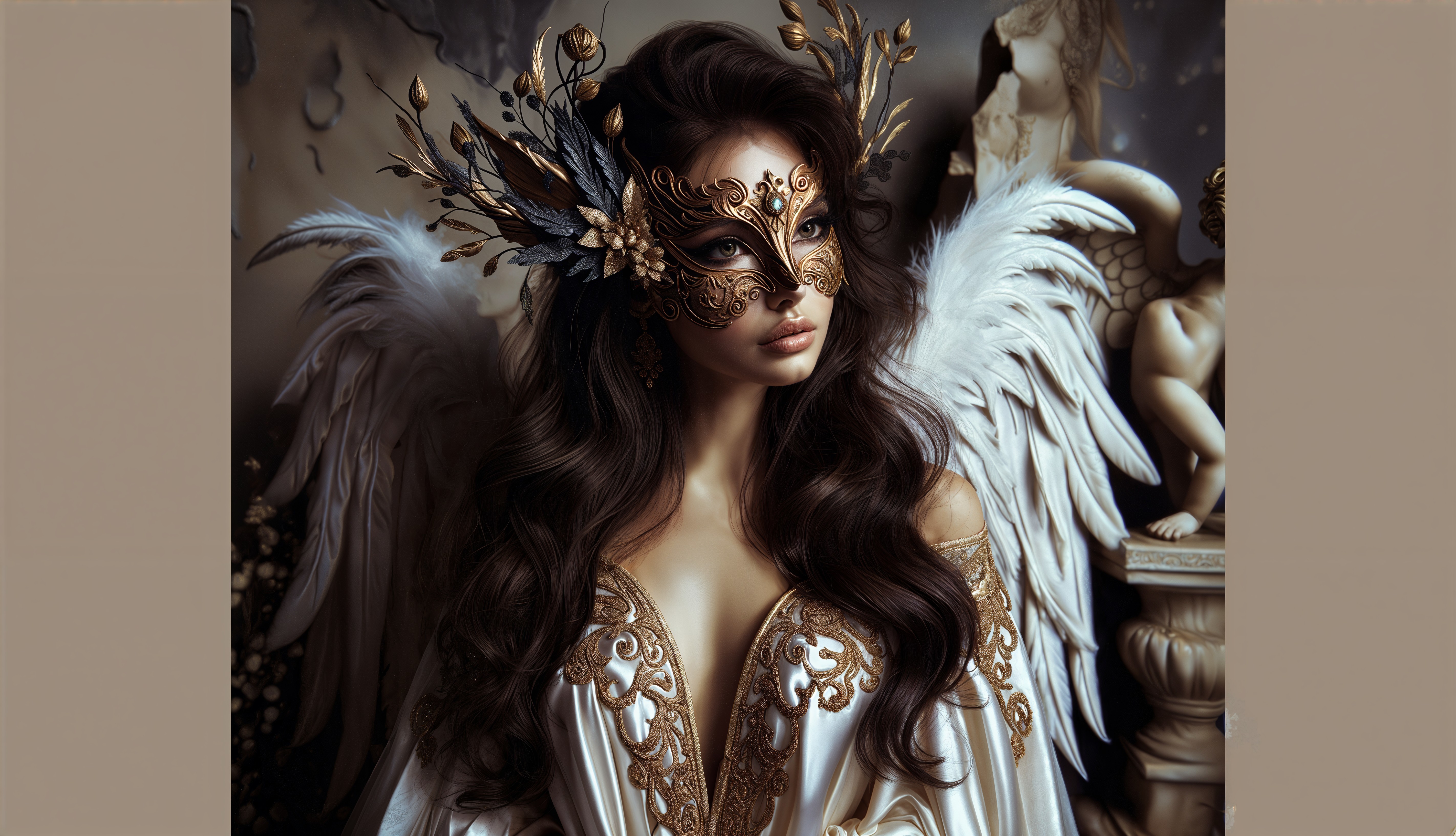 Elegant Woman in Masquerade Mask with Wings