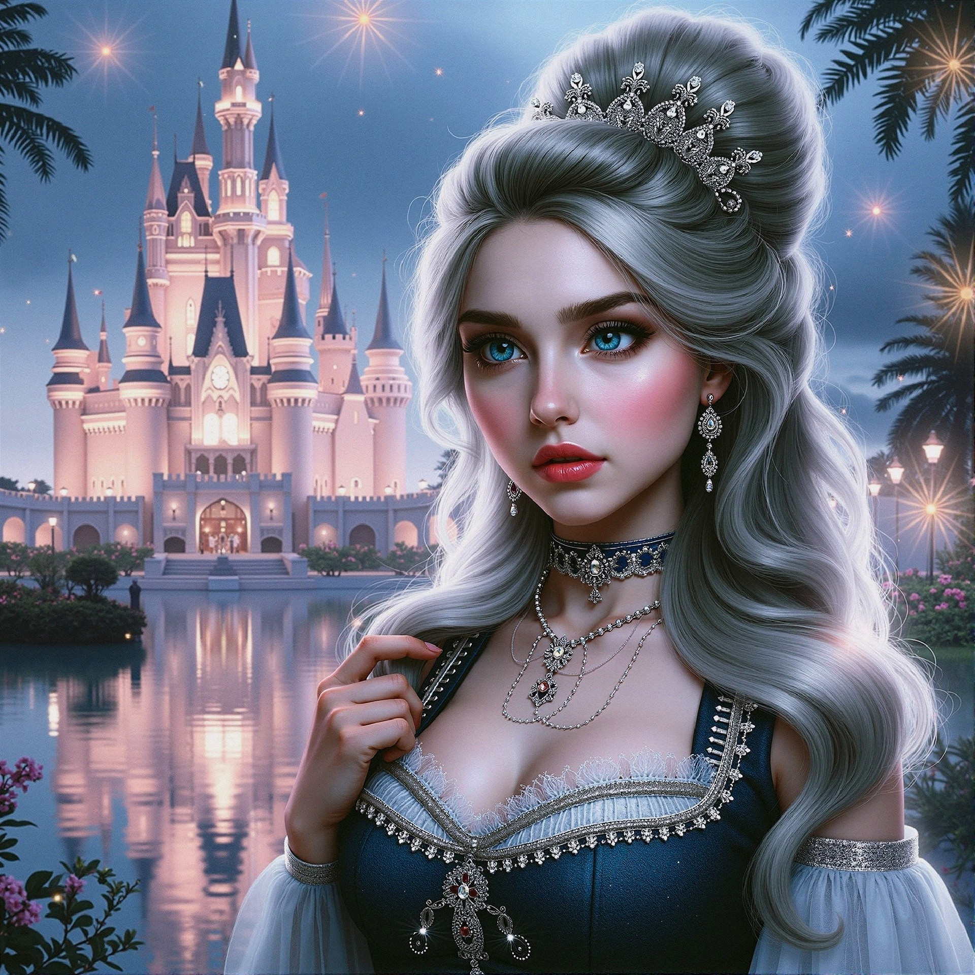 Young woman in blue dress by illuminated castle