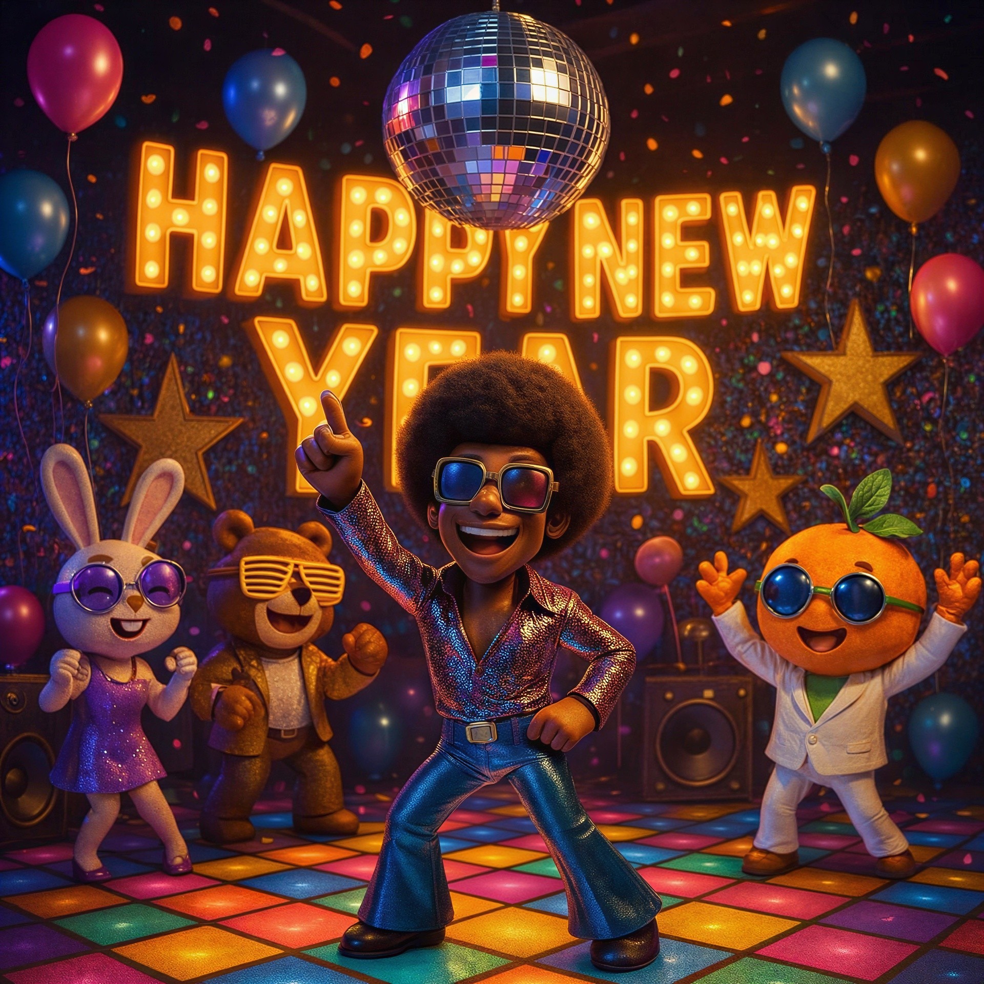 Vibrant New Year’s Party Scene with Colorful Characters