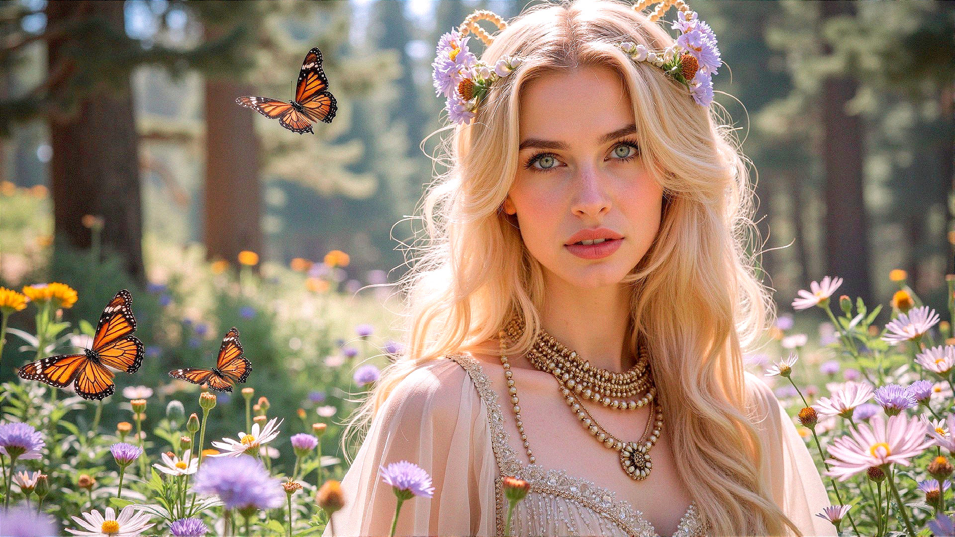 Young Woman in Floral Crown Among Wildflowers