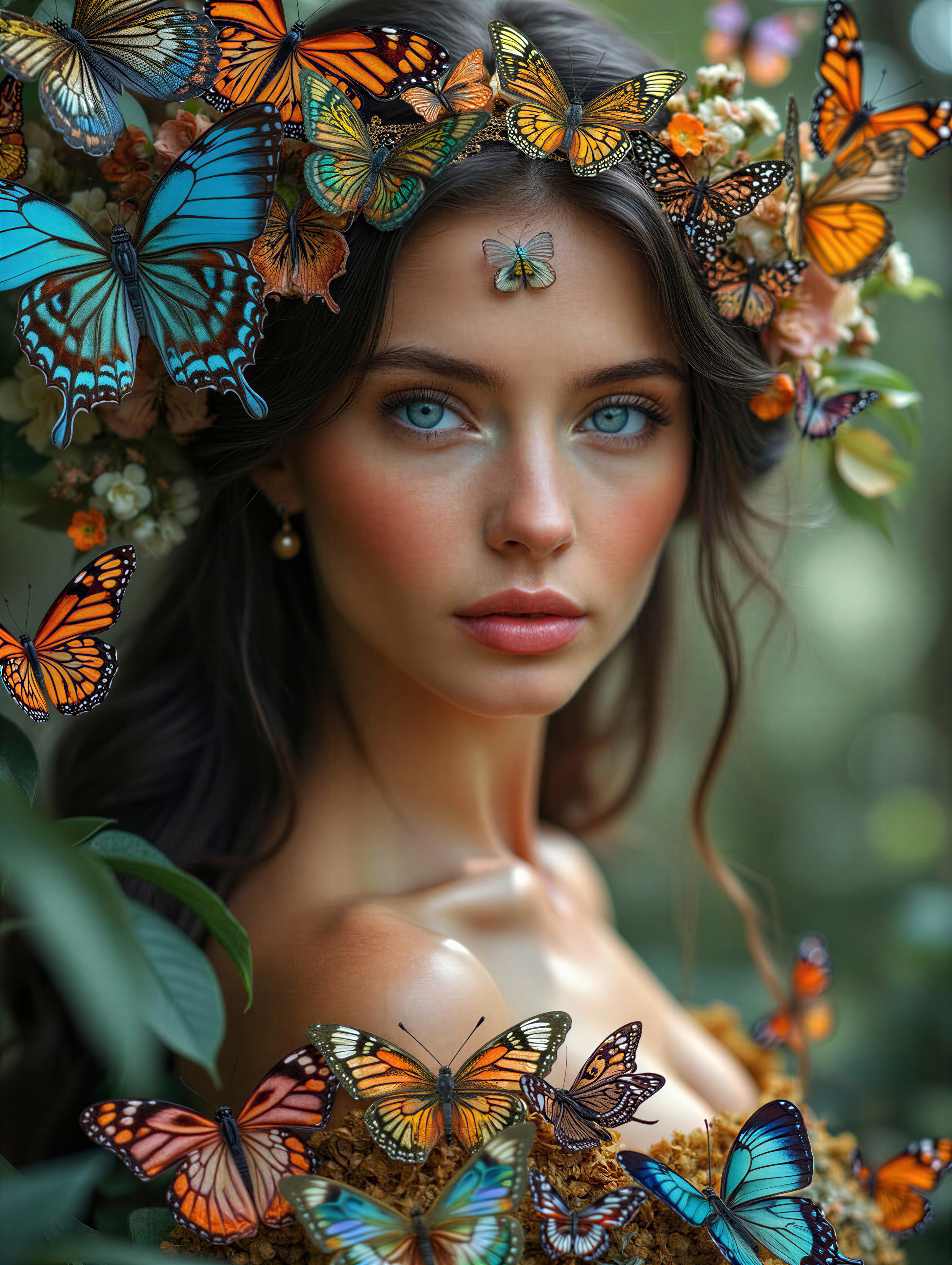 Portrait of a young woman with butterflies and flowers