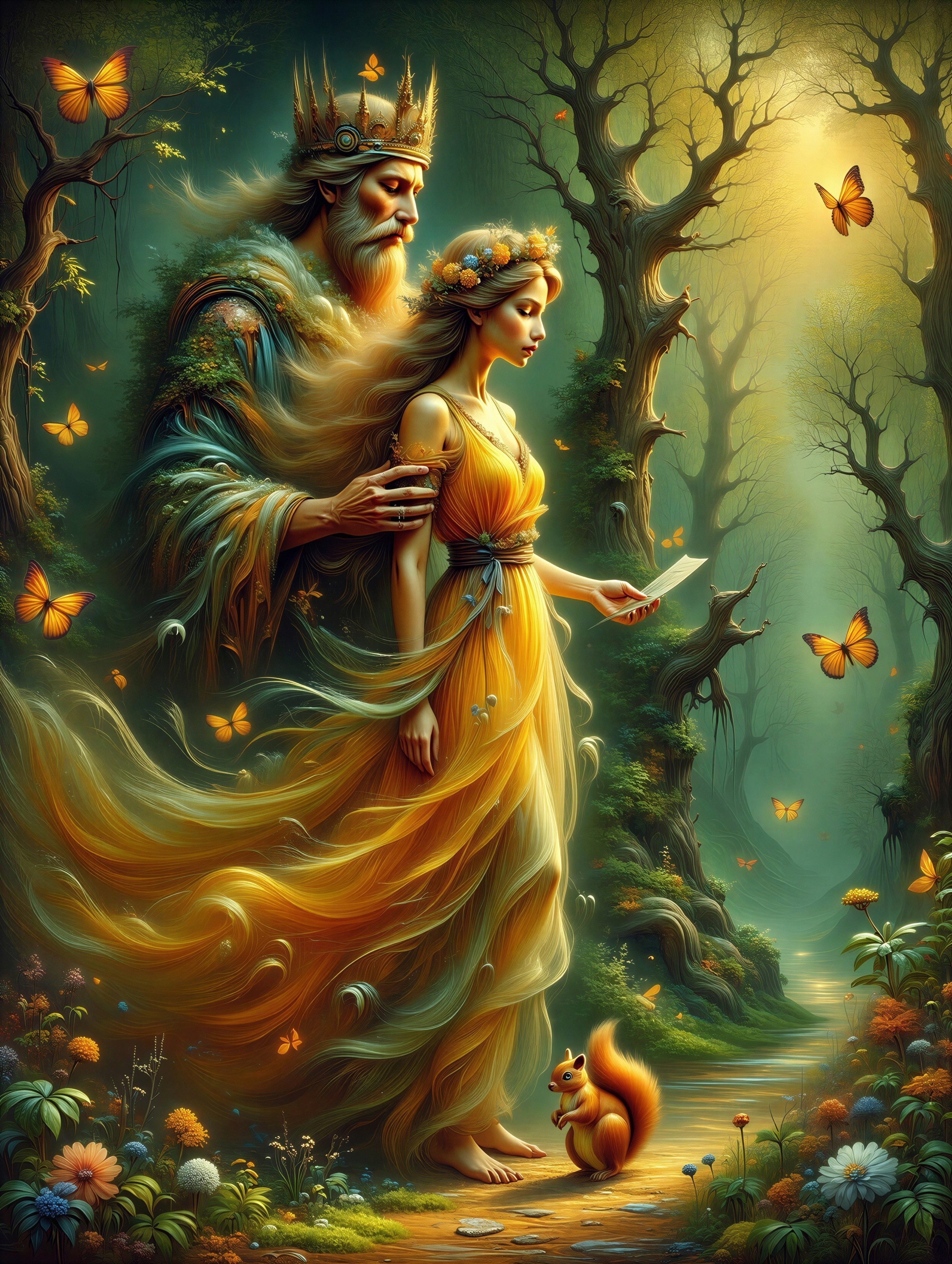 Regal King and Woman in Mystical Forest Setting