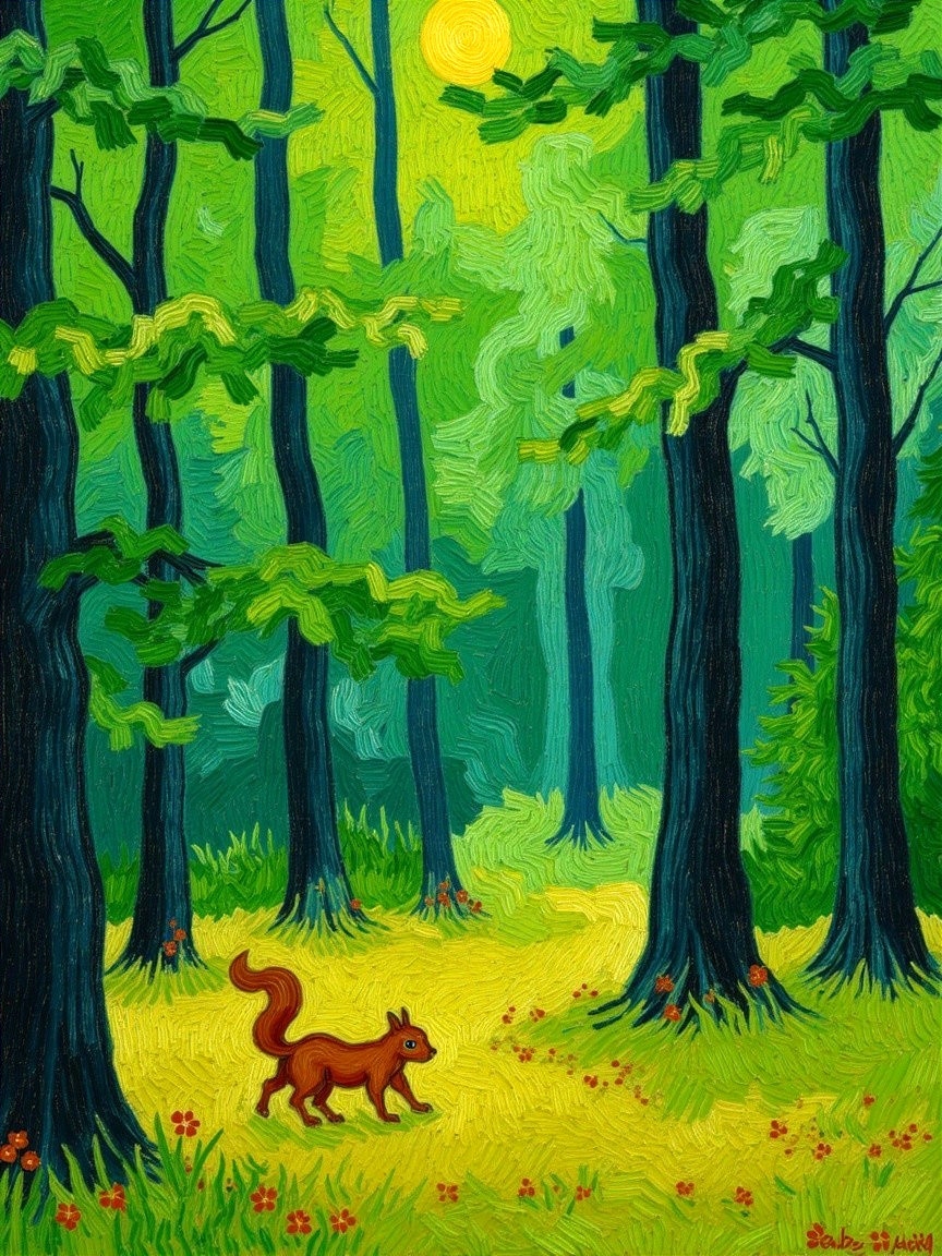 Vibrant Forest Scene with Colorful Trees and Wildlife