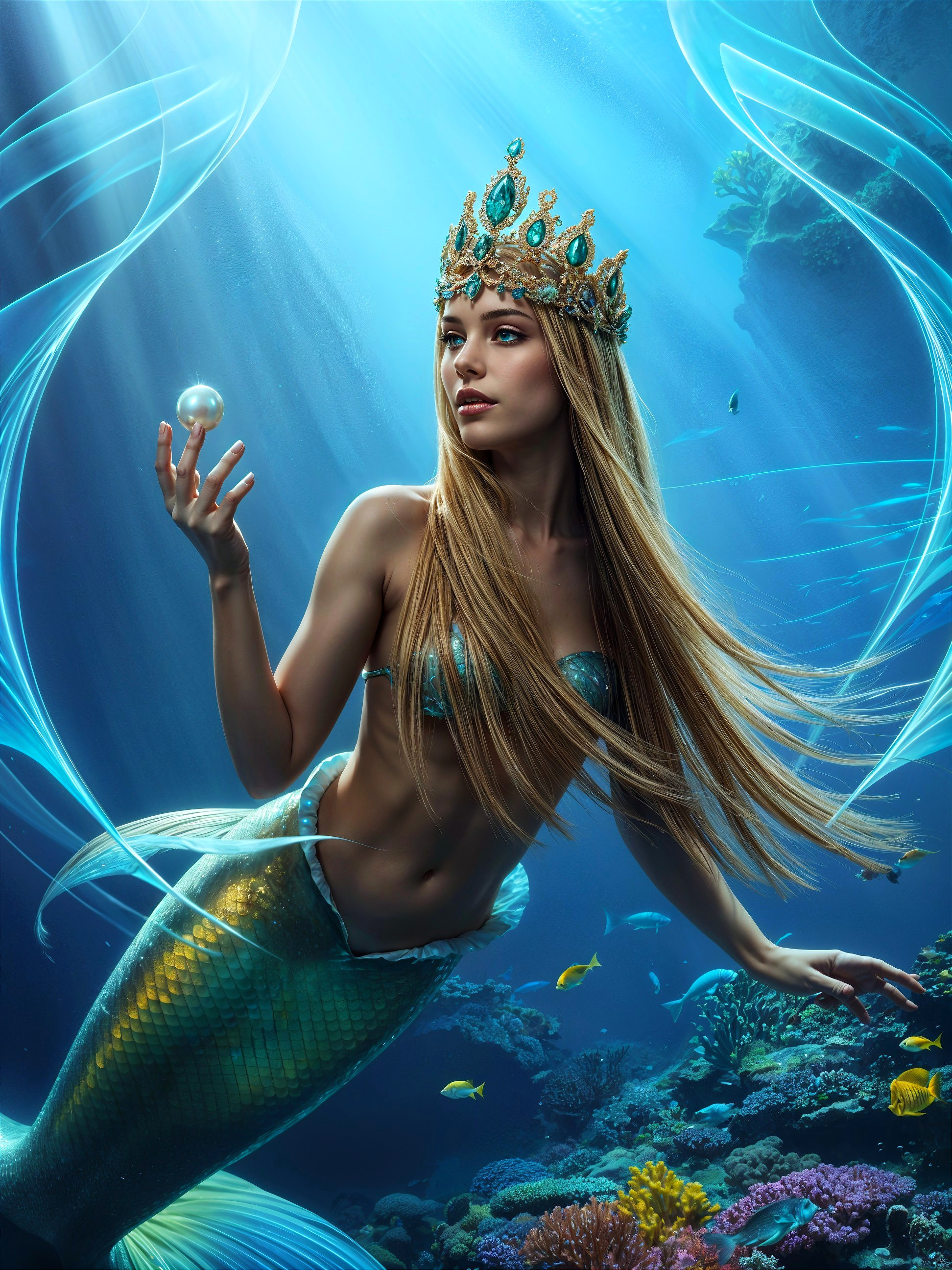 Underwater Scene with Mermaid and Vibrant Coral