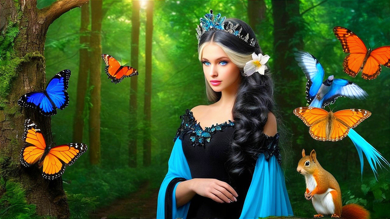 Young woman in black gown in enchanted forest setting