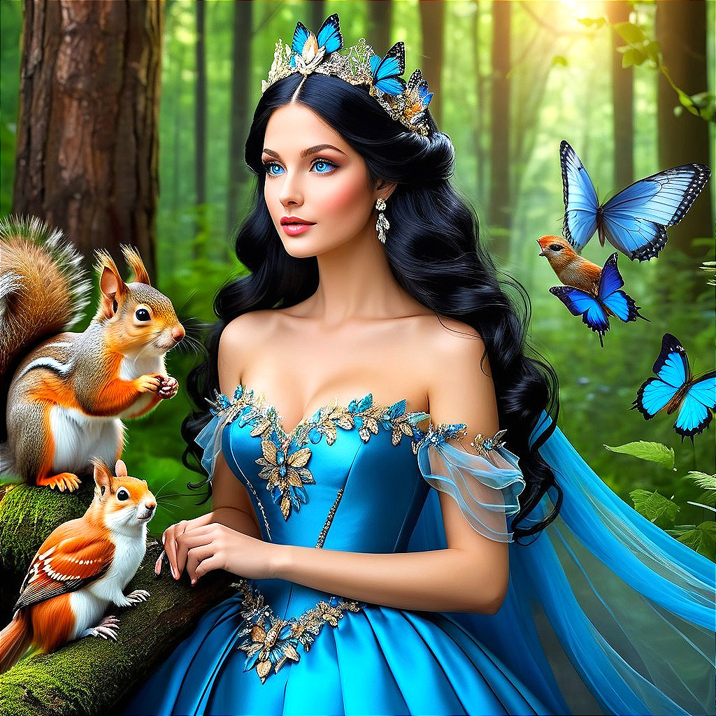 Enchanting Woman in Blue Gown Surrounded by Nature