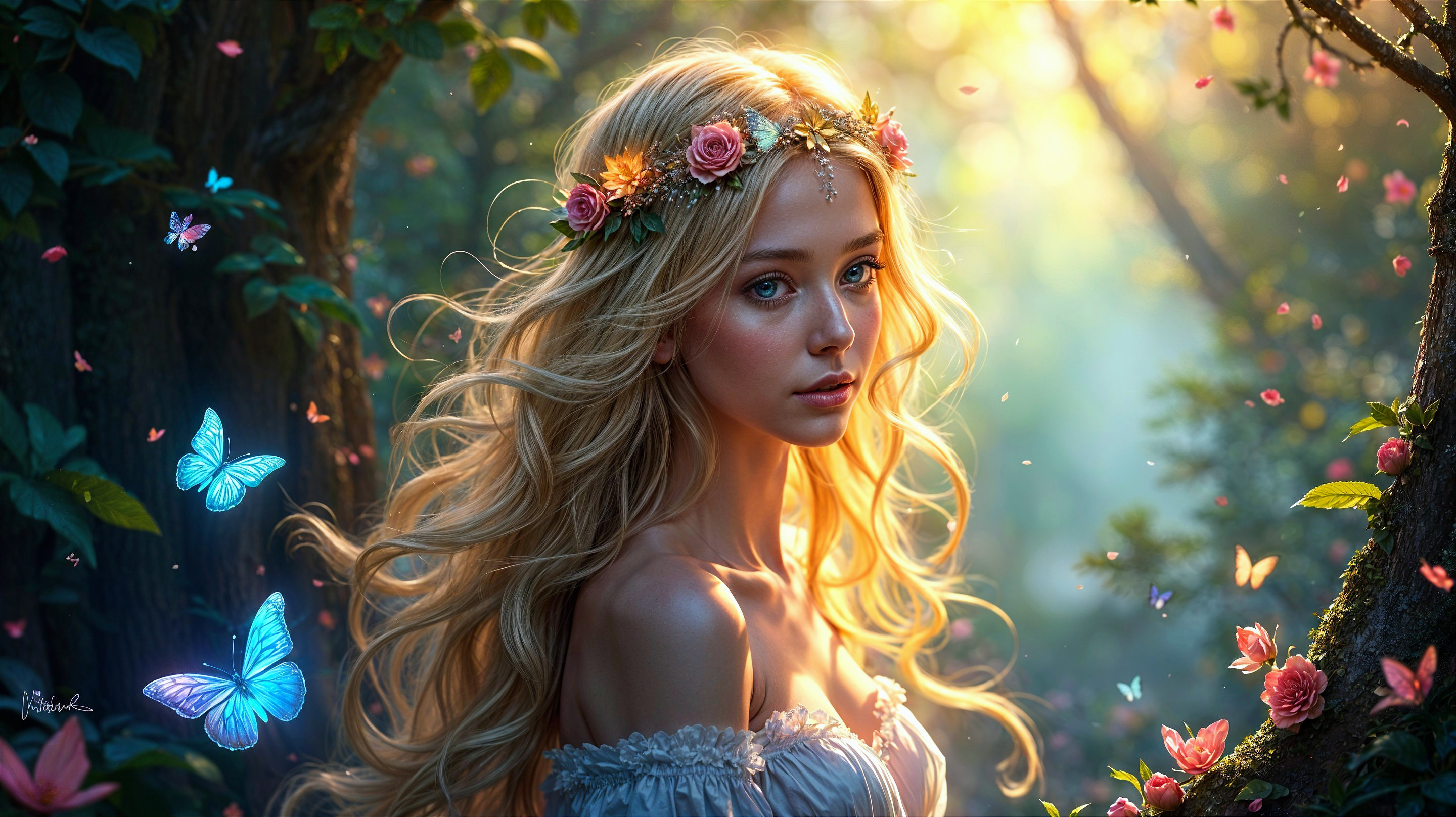 Young Woman in Floral Crown in Enchanted Forest
