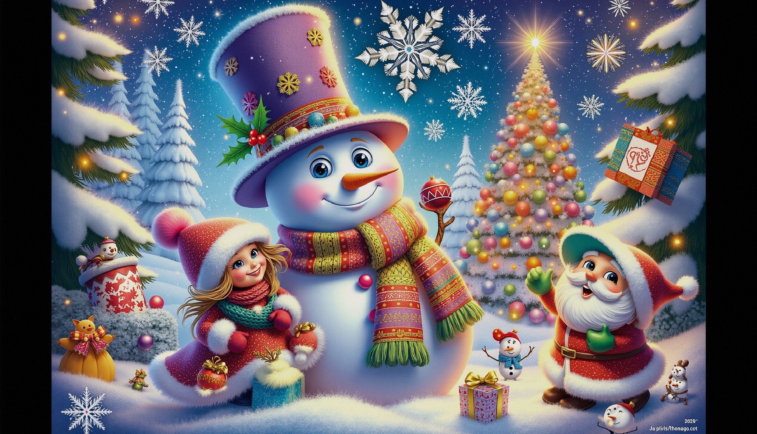 Whimsical Winter Scene with Snowman and Santa Claus