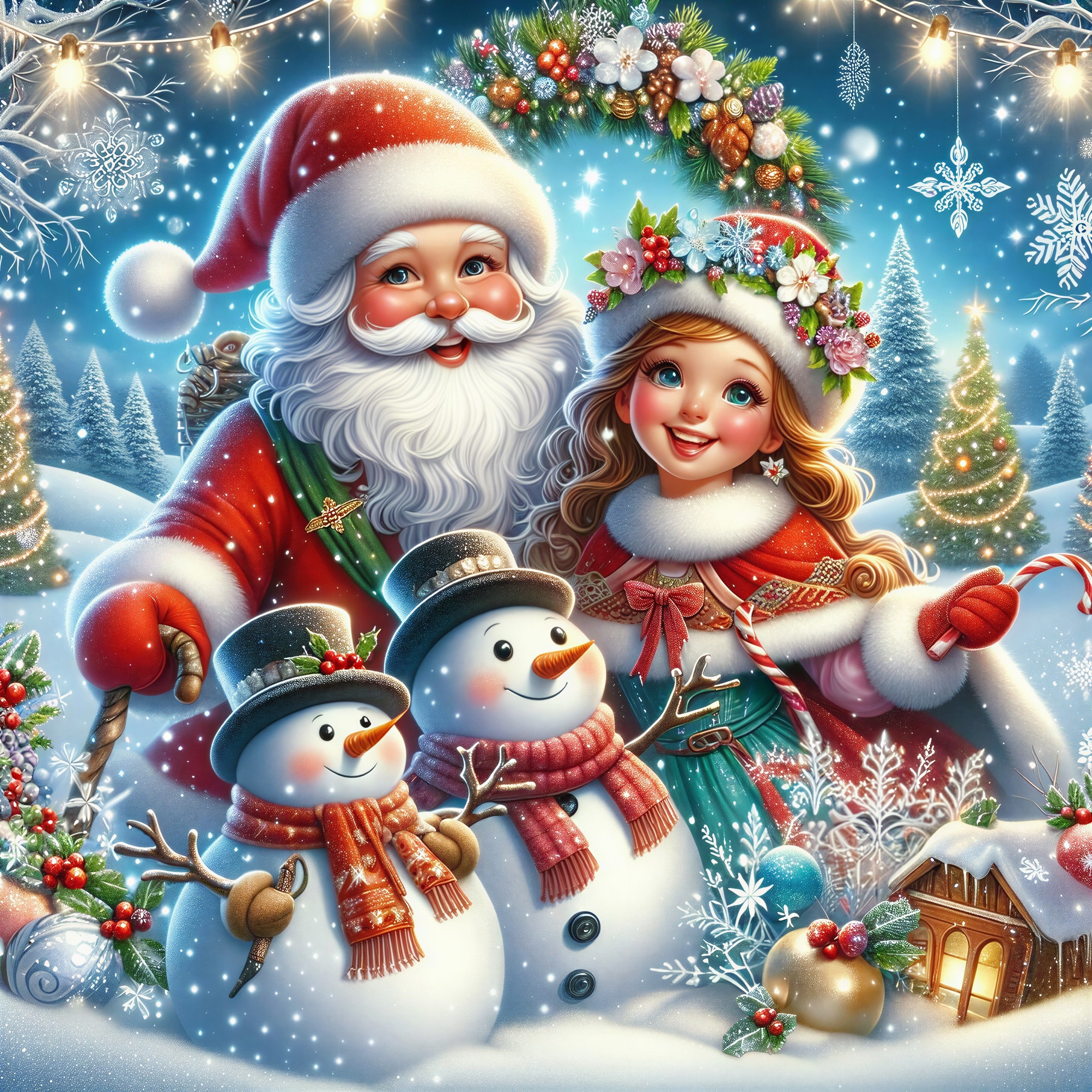 Festive Winter Scene with Santa and Cheerful Girl