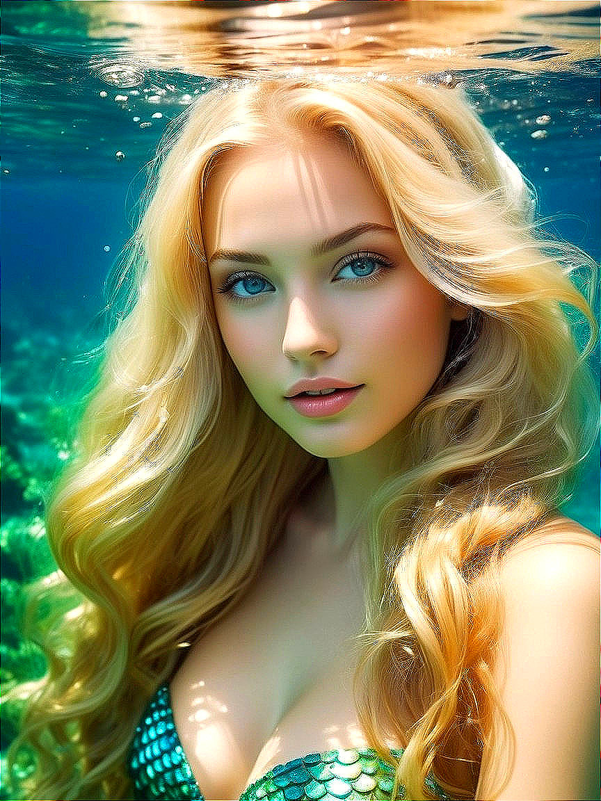 Underwater Scene of a Mermaid with Blonde Hair