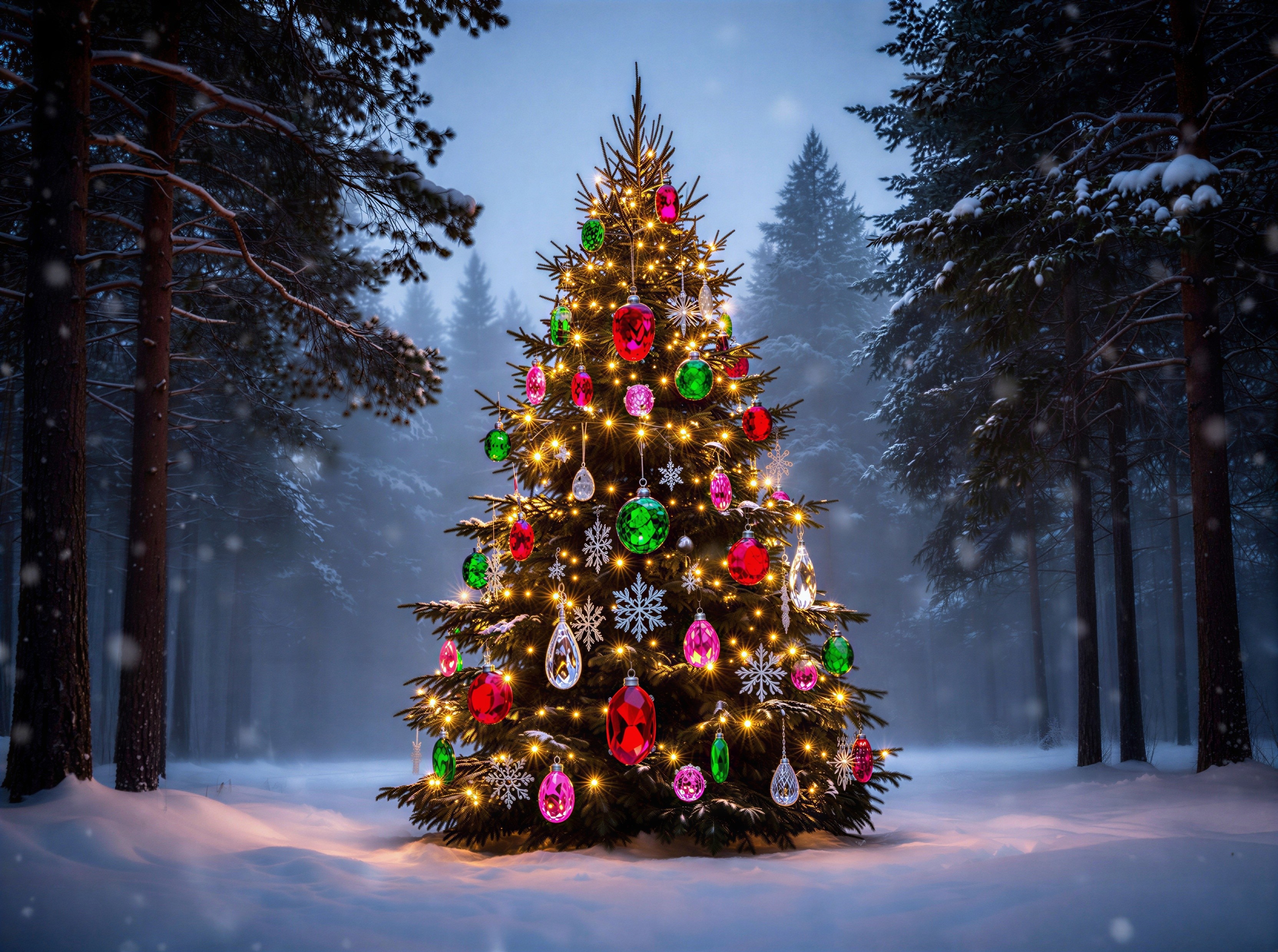 Decorated Christmas Tree in Snowy Forest Setting