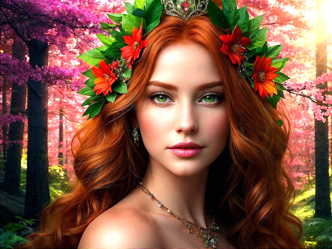 Young woman with red hair in a floral crown