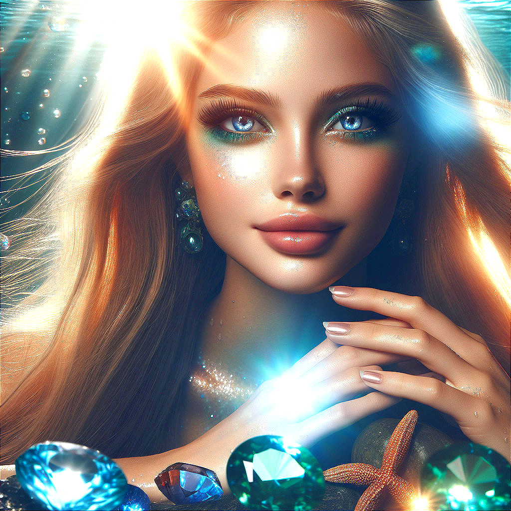 Underwater Scene with Woman and Vibrant Gems