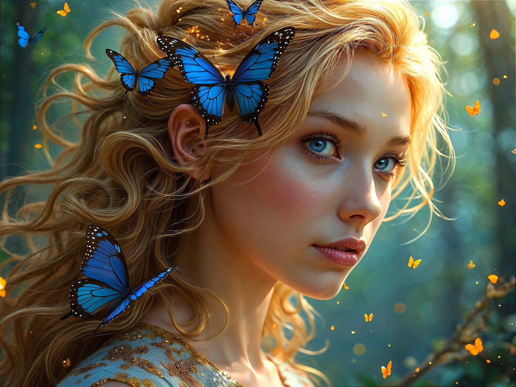 Young woman with golden hair and blue butterflies
