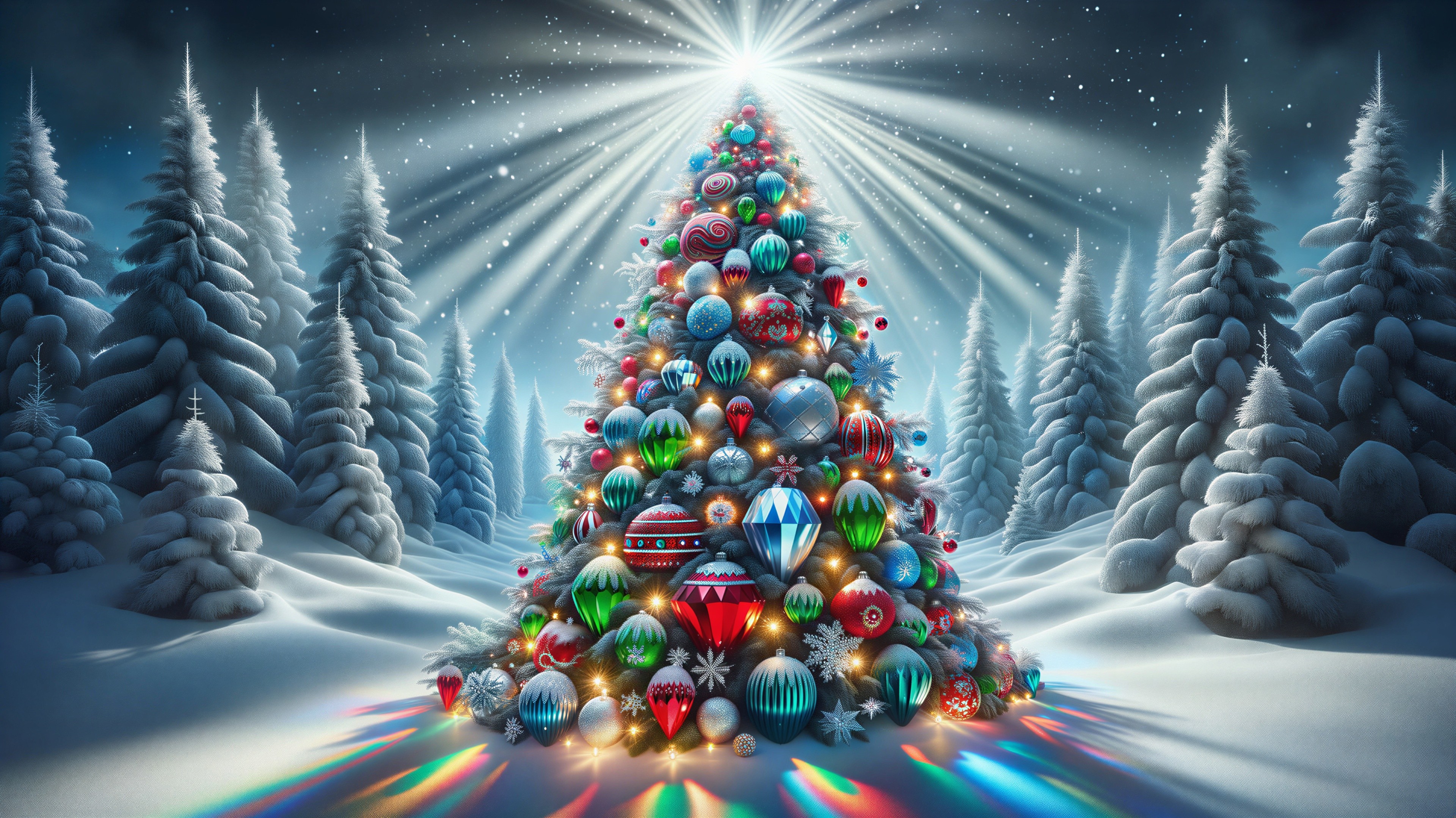 Decorated Christmas Tree in Snowy Forest Setting