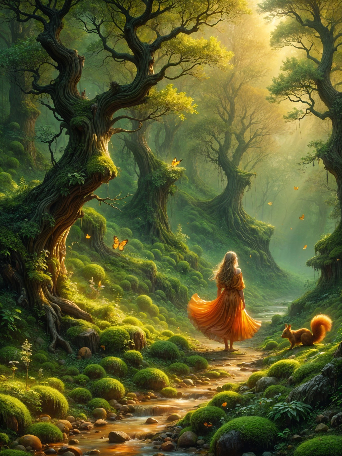 Mystical forest scene with woman by flowing stream