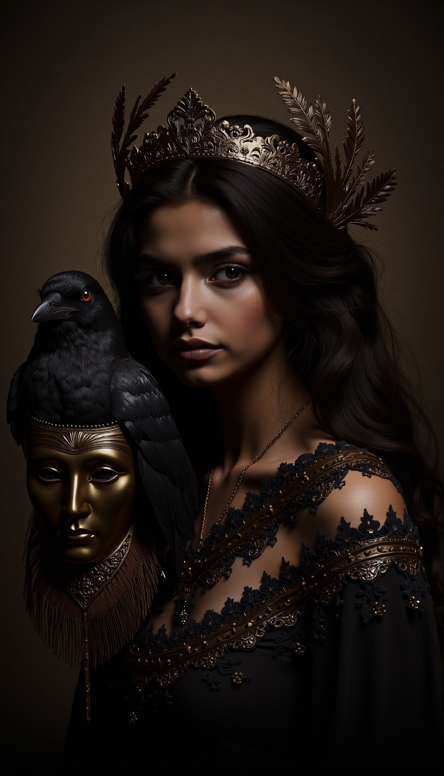 Portrait of a Young Woman with Gold Crown and Raven