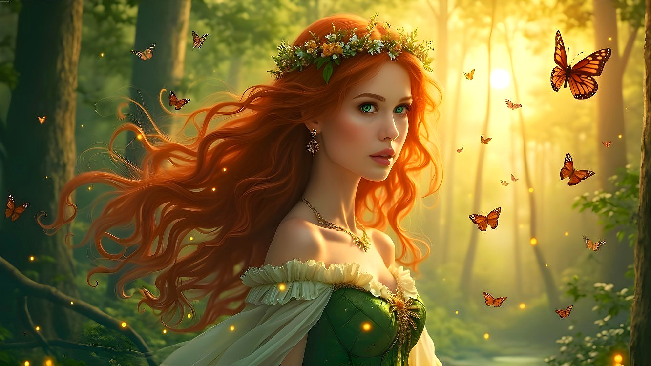 Graceful Woman in Green Gown in Sunlit Forest