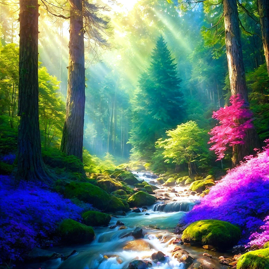 Serene forest scene with sunlight and vibrant flowers