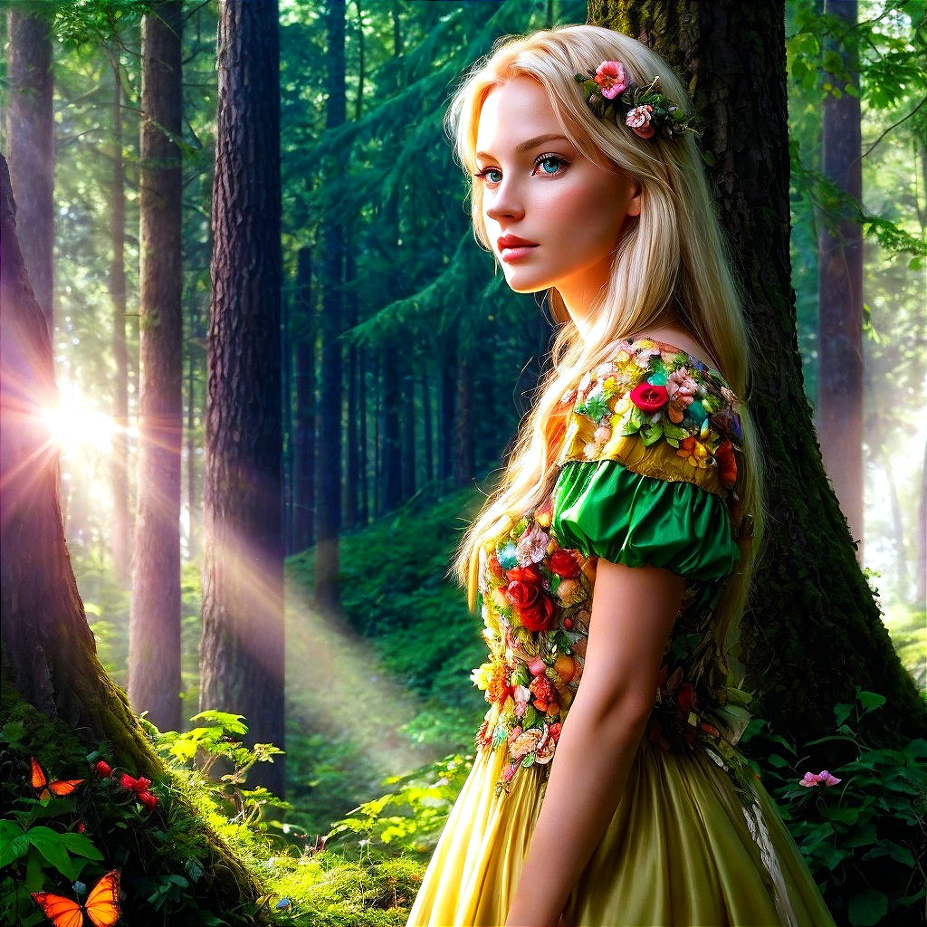 Young woman in floral gown in a sunlit forest