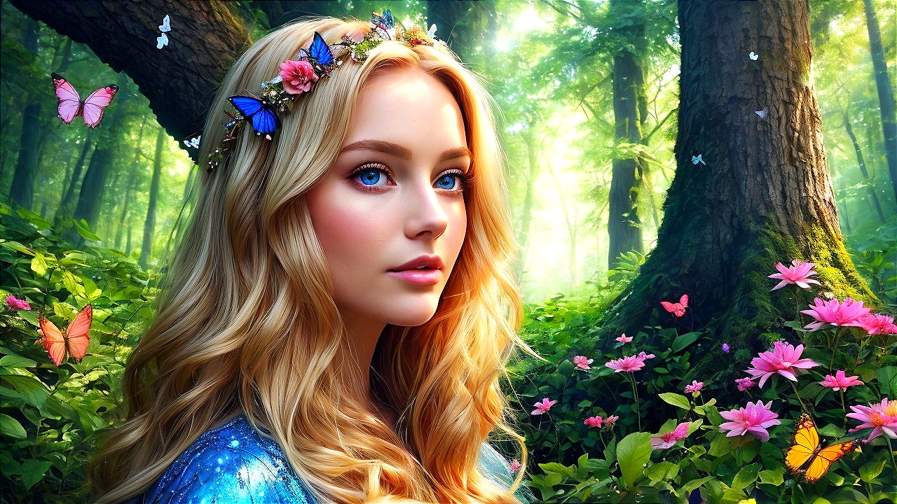 Serene Forest Scene with Young Woman and Nature Elements