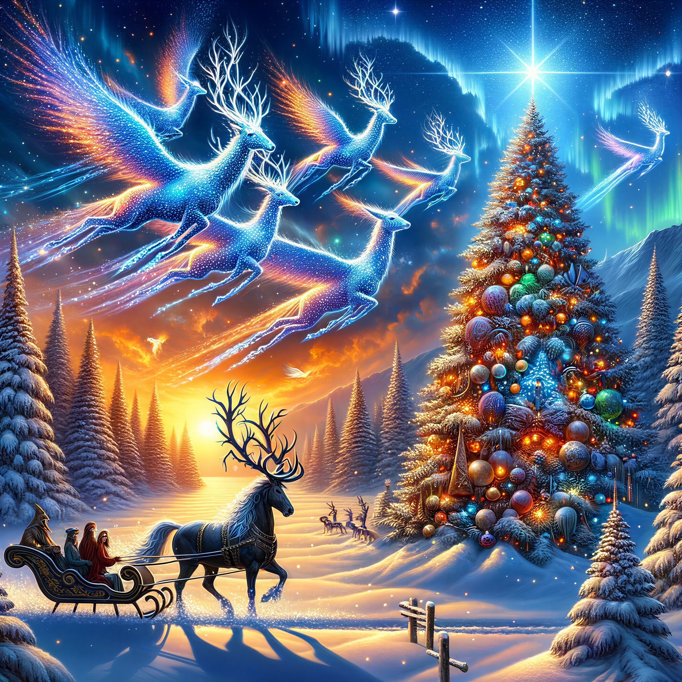 Fantastical Winter Scene with Christmas Tree and Reindeer