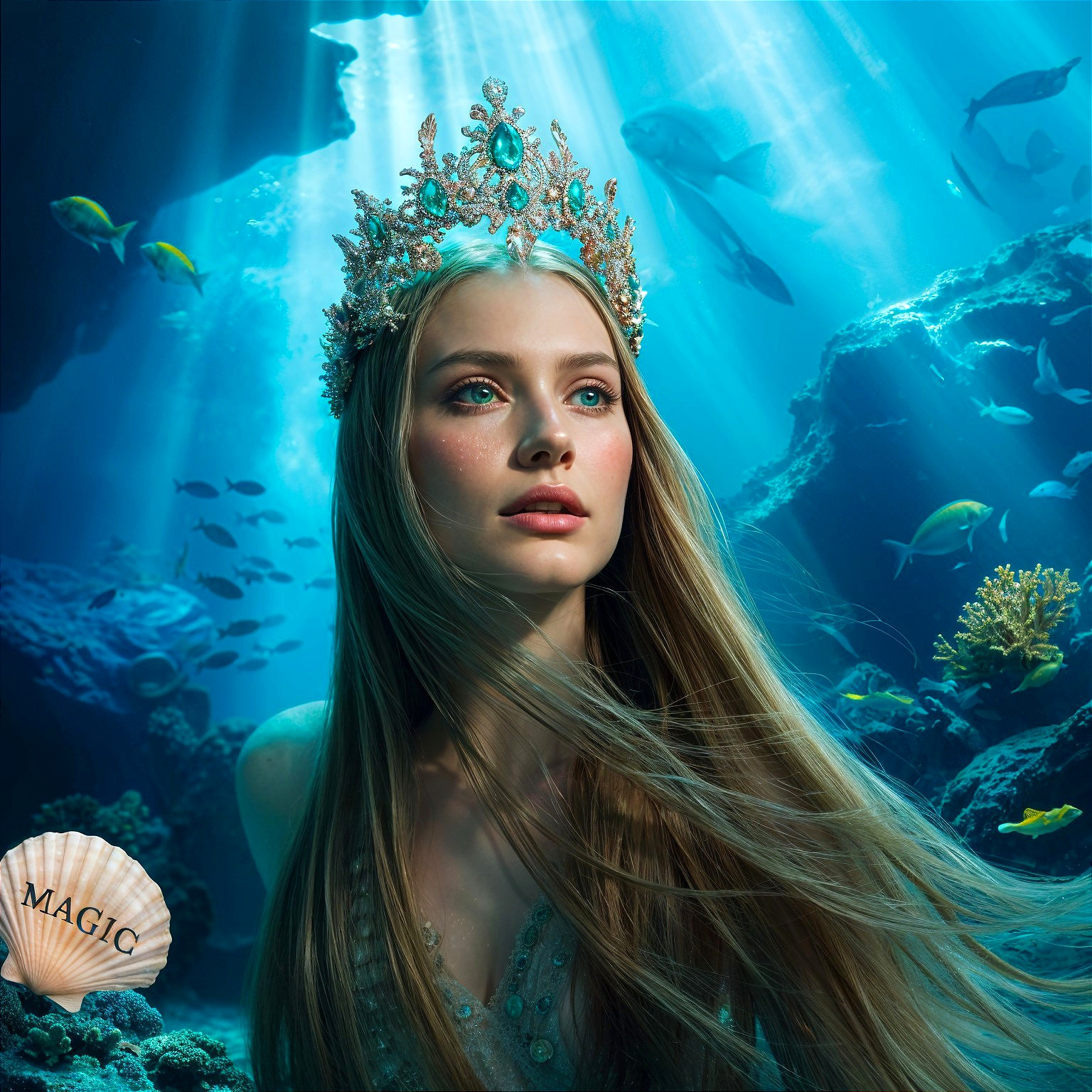 Underwater Scene with Woman, Fish, and Sunlight