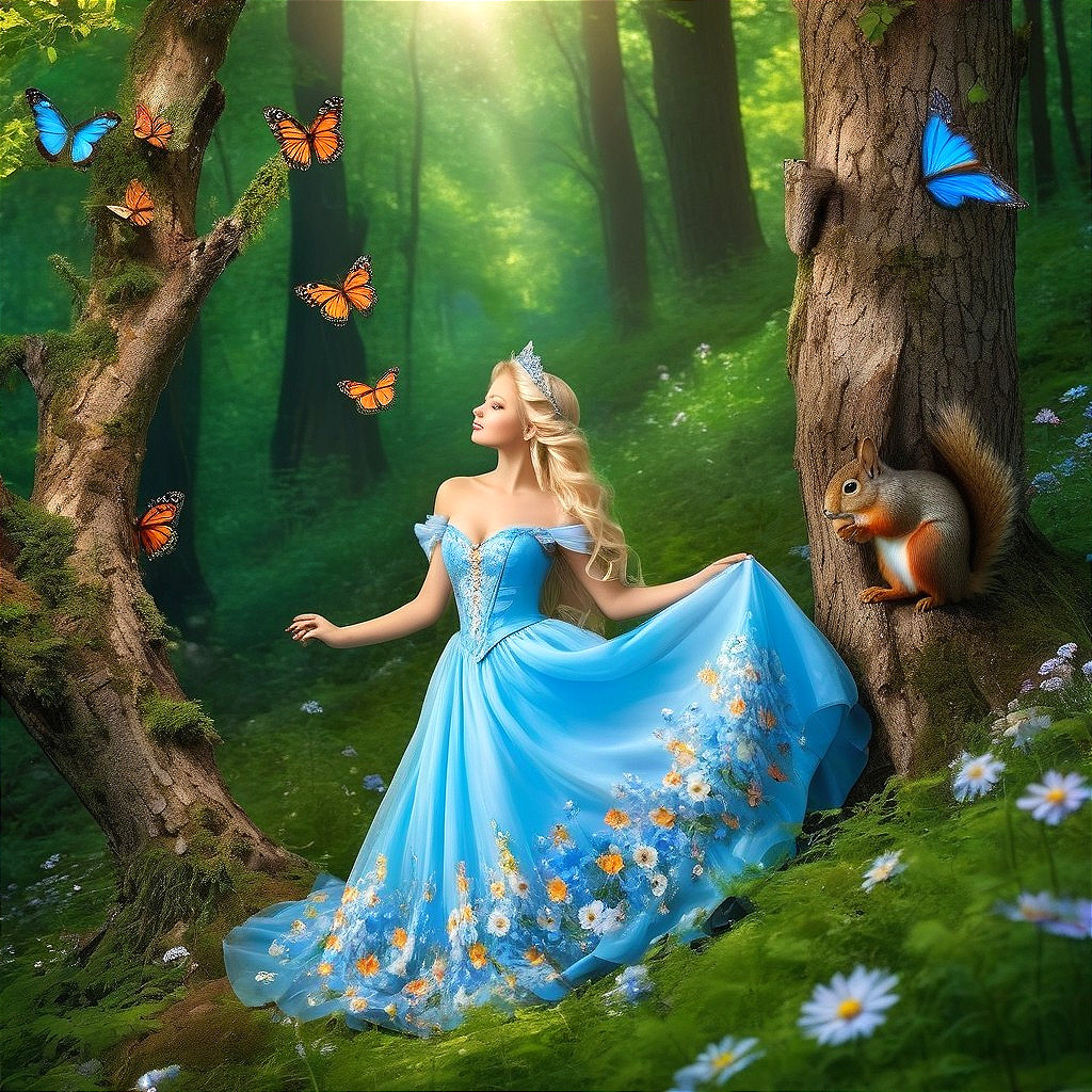 Young woman in blue gown in vibrant forest setting