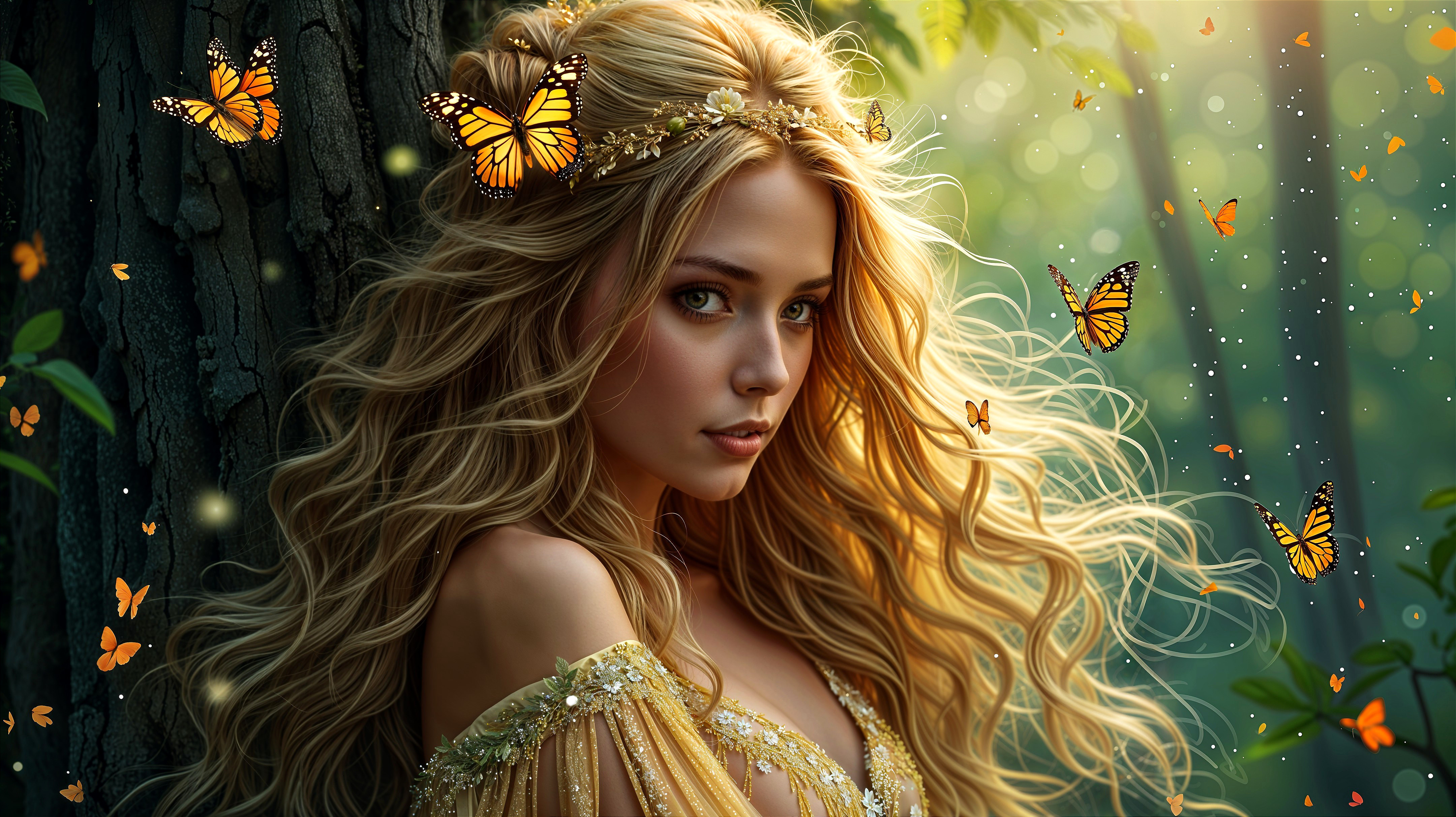 Young woman in gown with floral crown in forest
