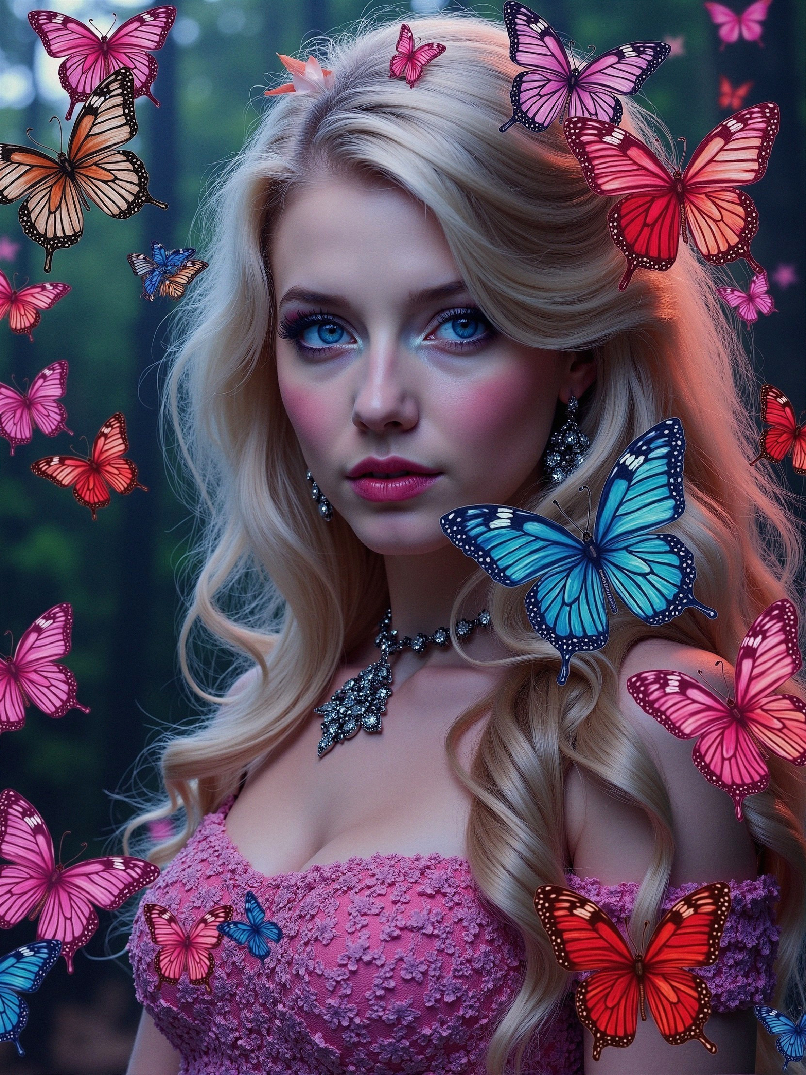 Young woman in pink dress with butterflies in forest