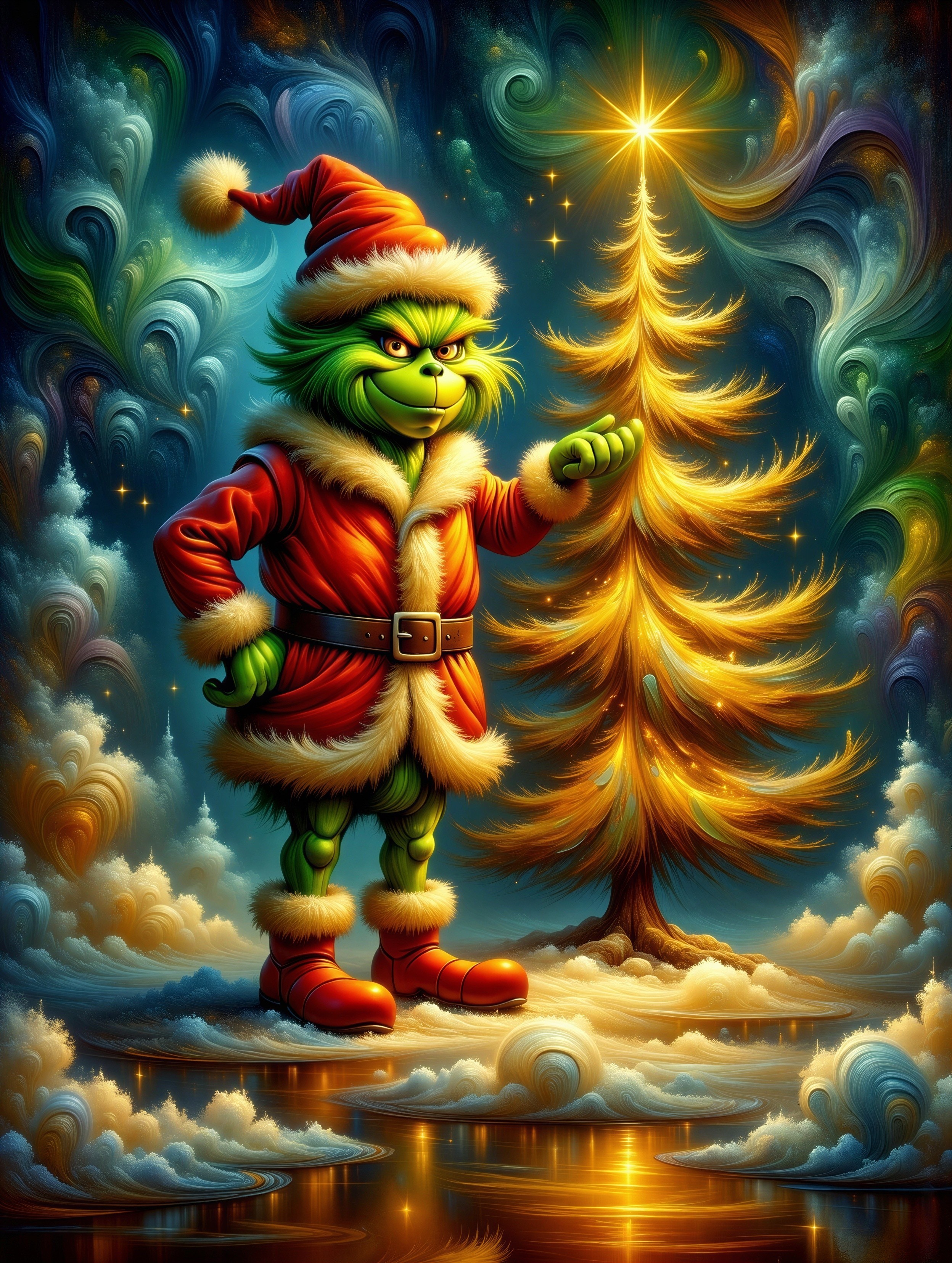 Grinch as Santa Claus beside a glowing Christmas tree