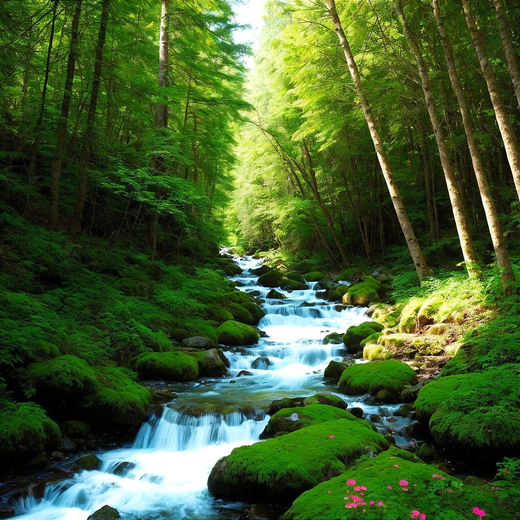 Serene Forest Scene with Stream and Lush Greenery
