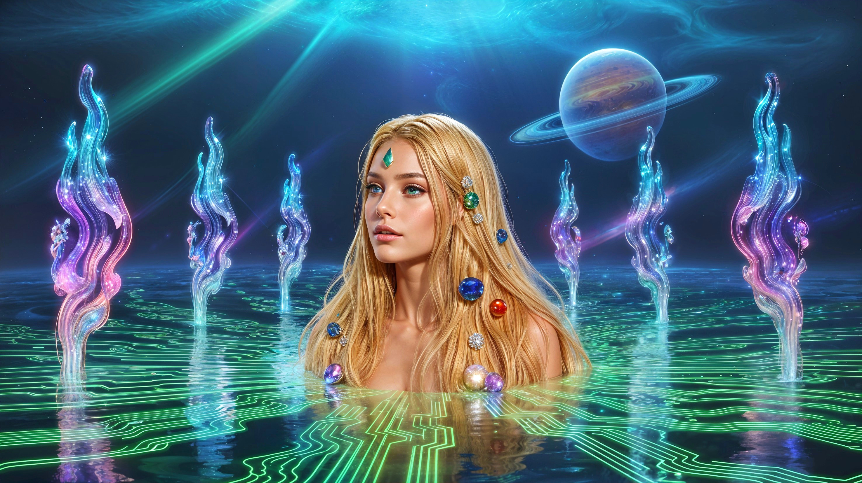 Ethereal Figure in a Glowing Digital Ocean Scene