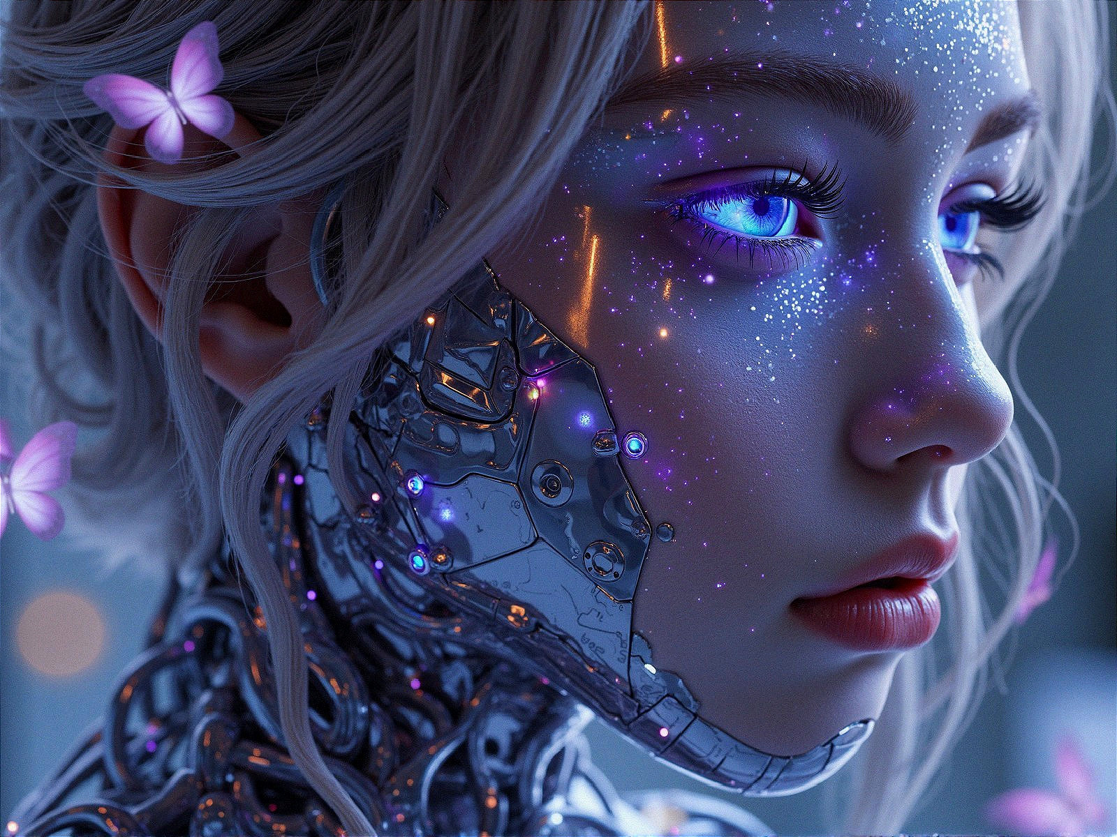 Futuristic humanoid cyborg with blue circuitry and butterflies