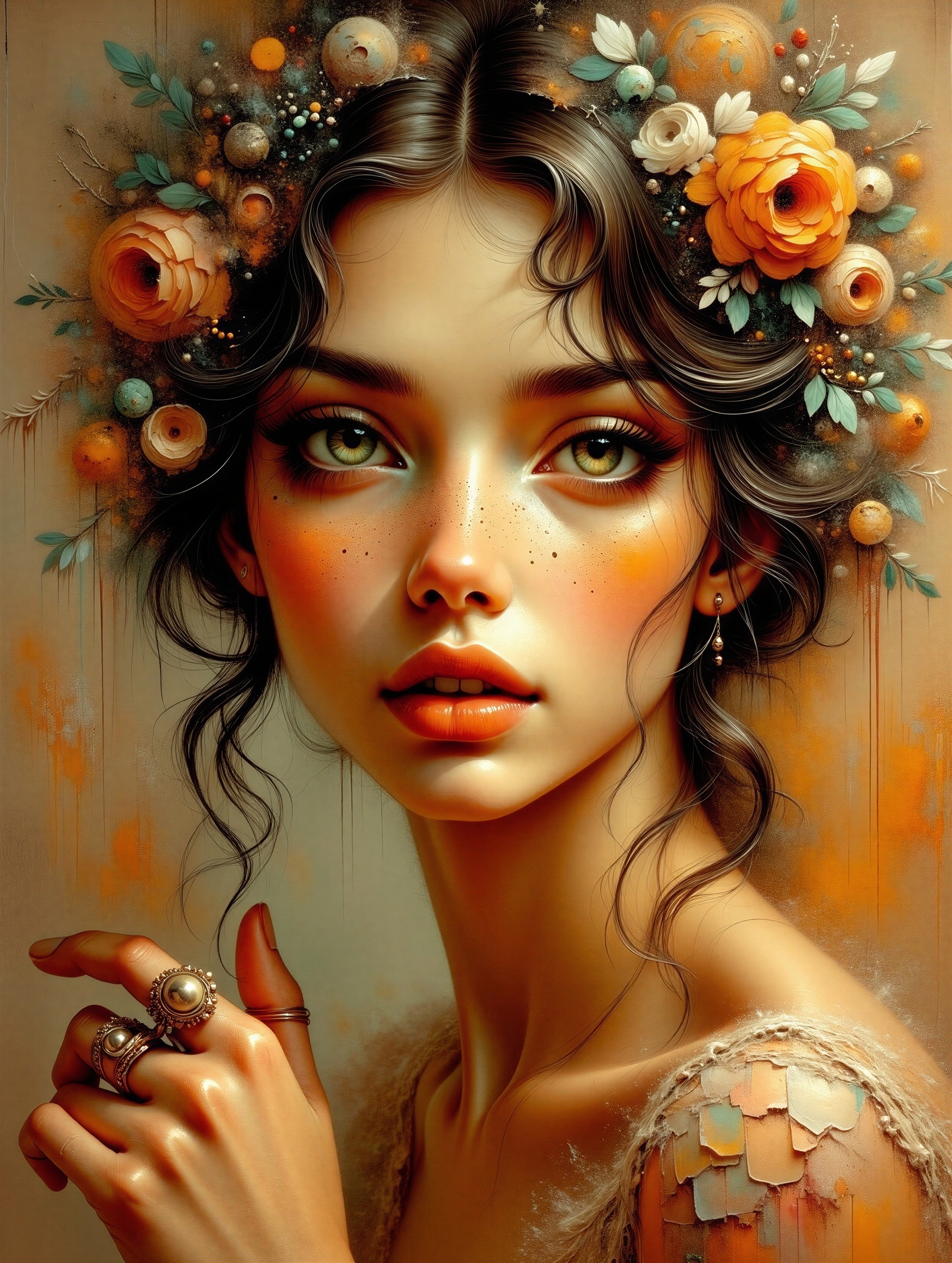 Portrait of a Young Woman with Green Eyes and Flowers