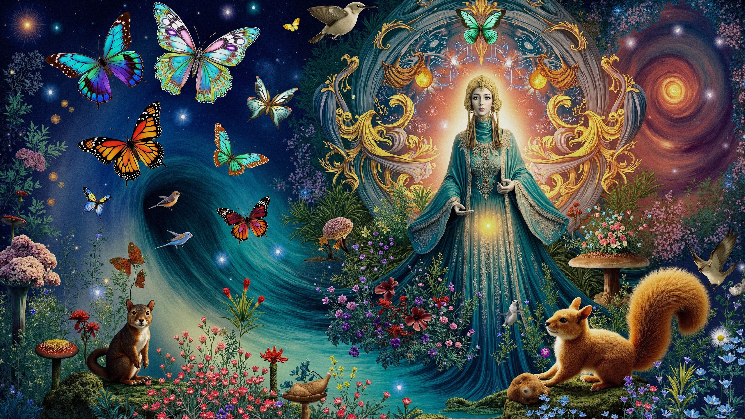 Mystical Scene with Serene Figure and Nature Elements