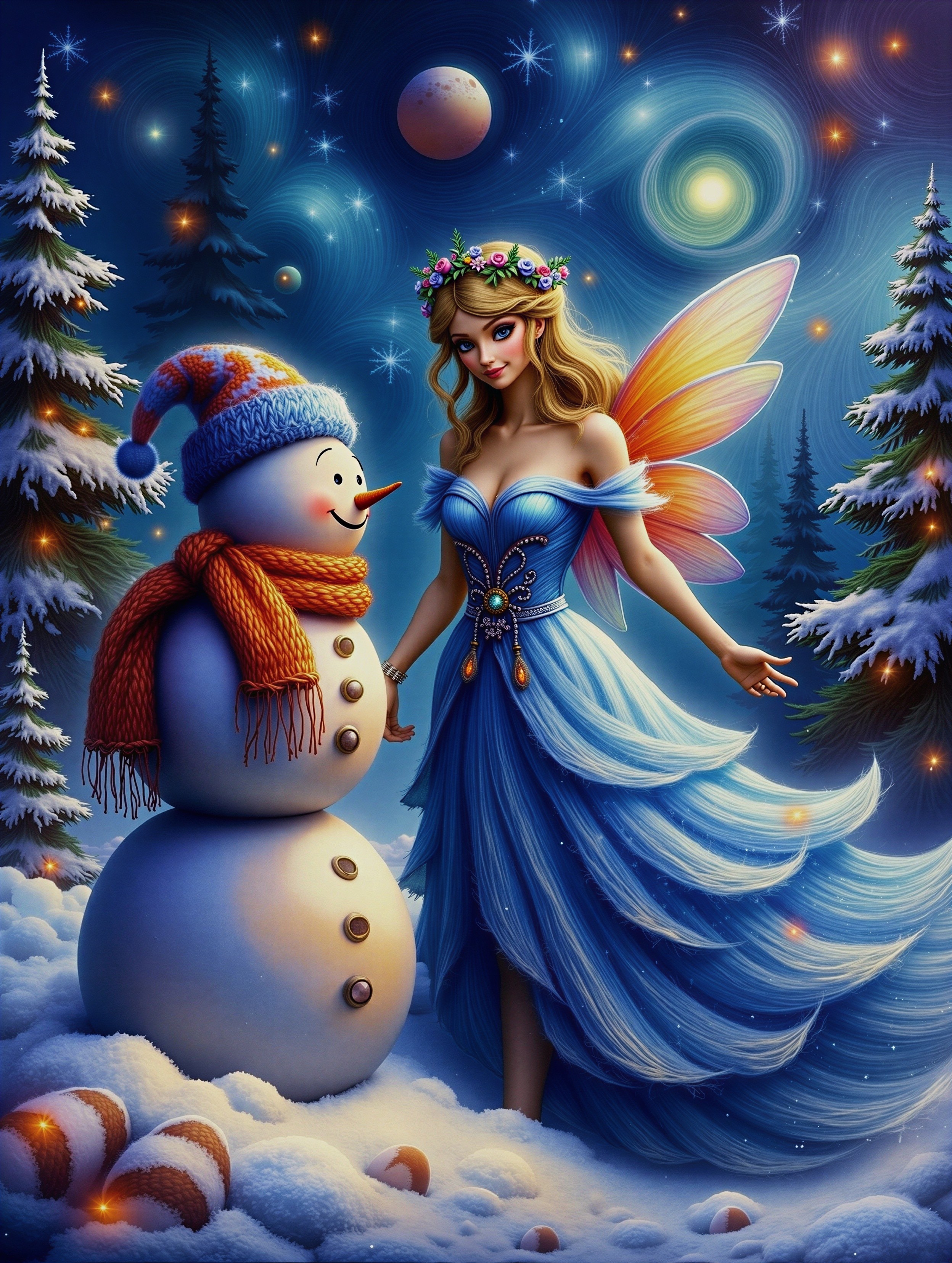 Whimsical Winter Scene with Fairy and Snowman