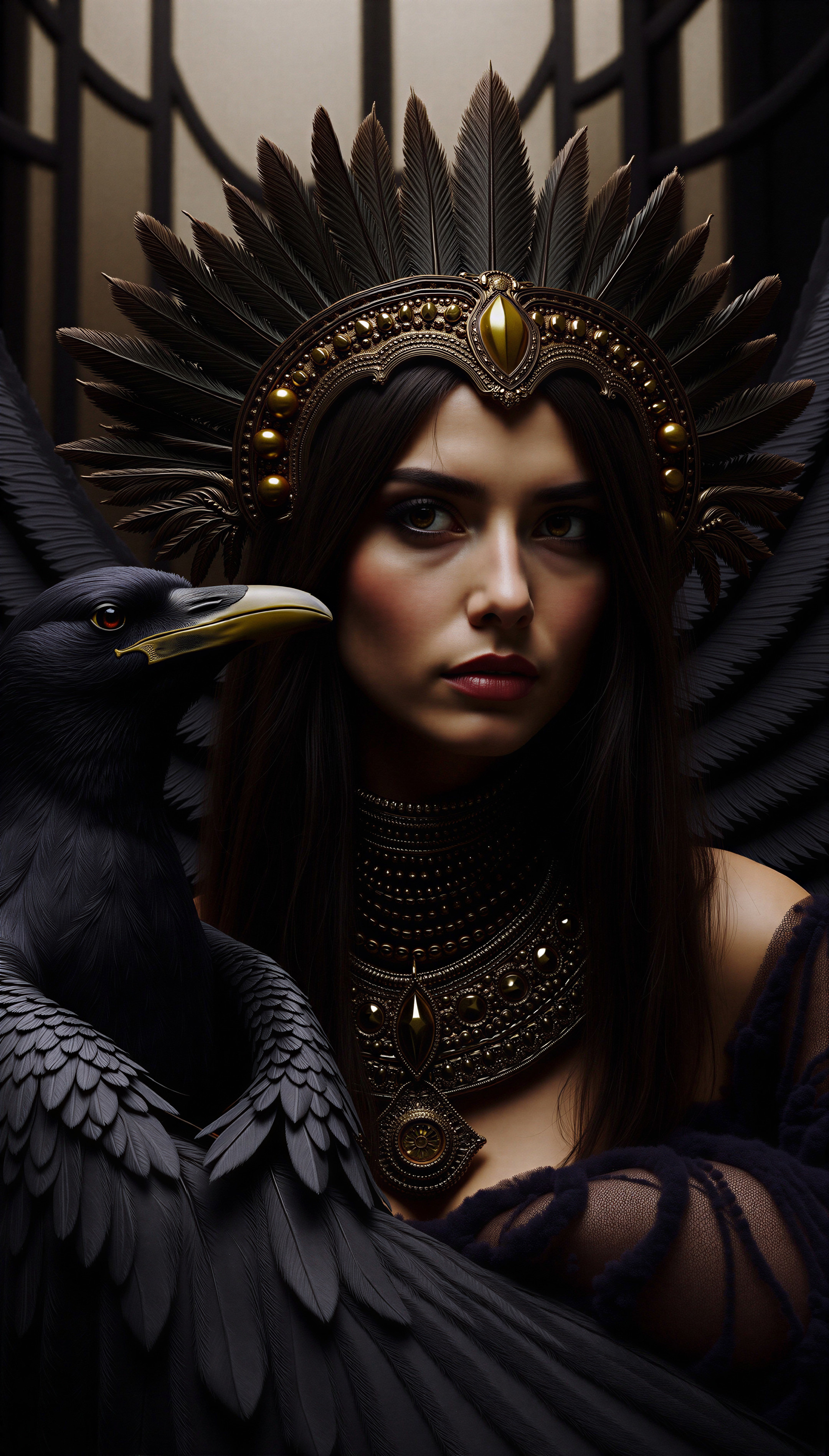 Regal Woman with Feathered Headdress and Raven