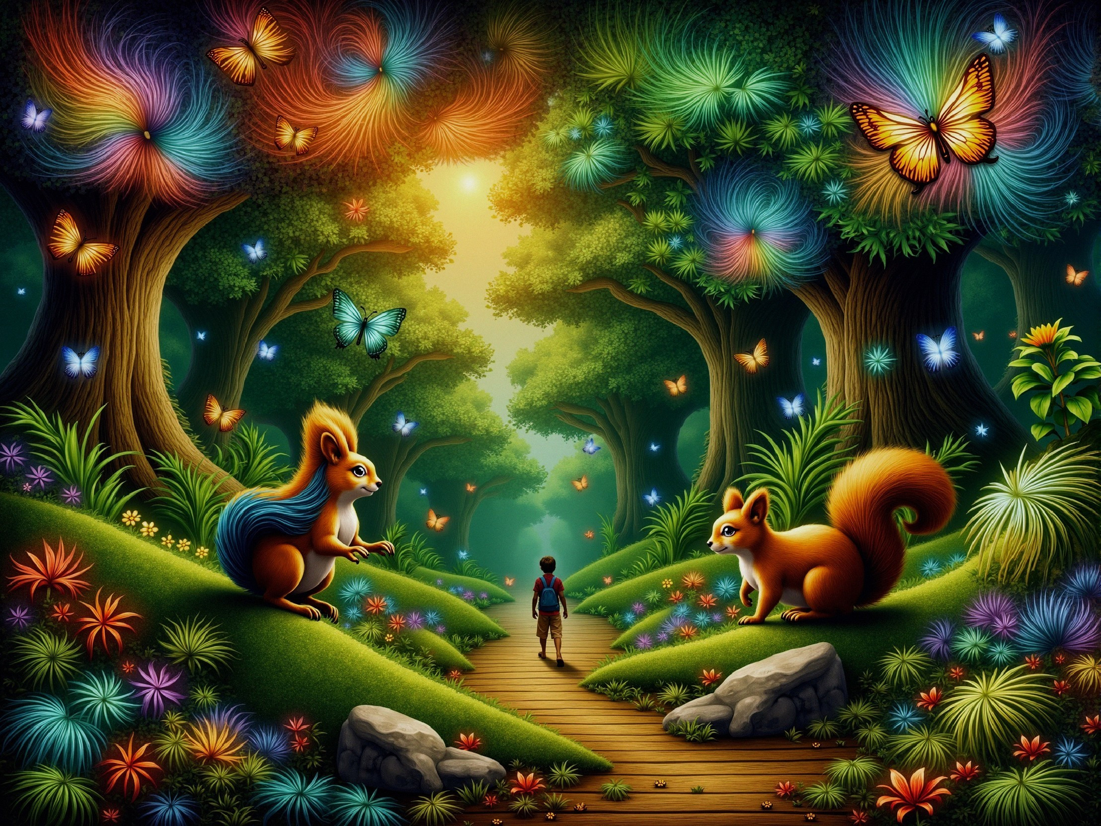Whimsical Forest Scene with Squirrels and Butterflies