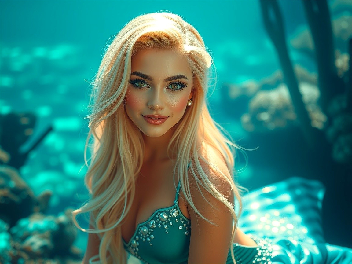 Underwater Scene with Mermaid and Coral Background