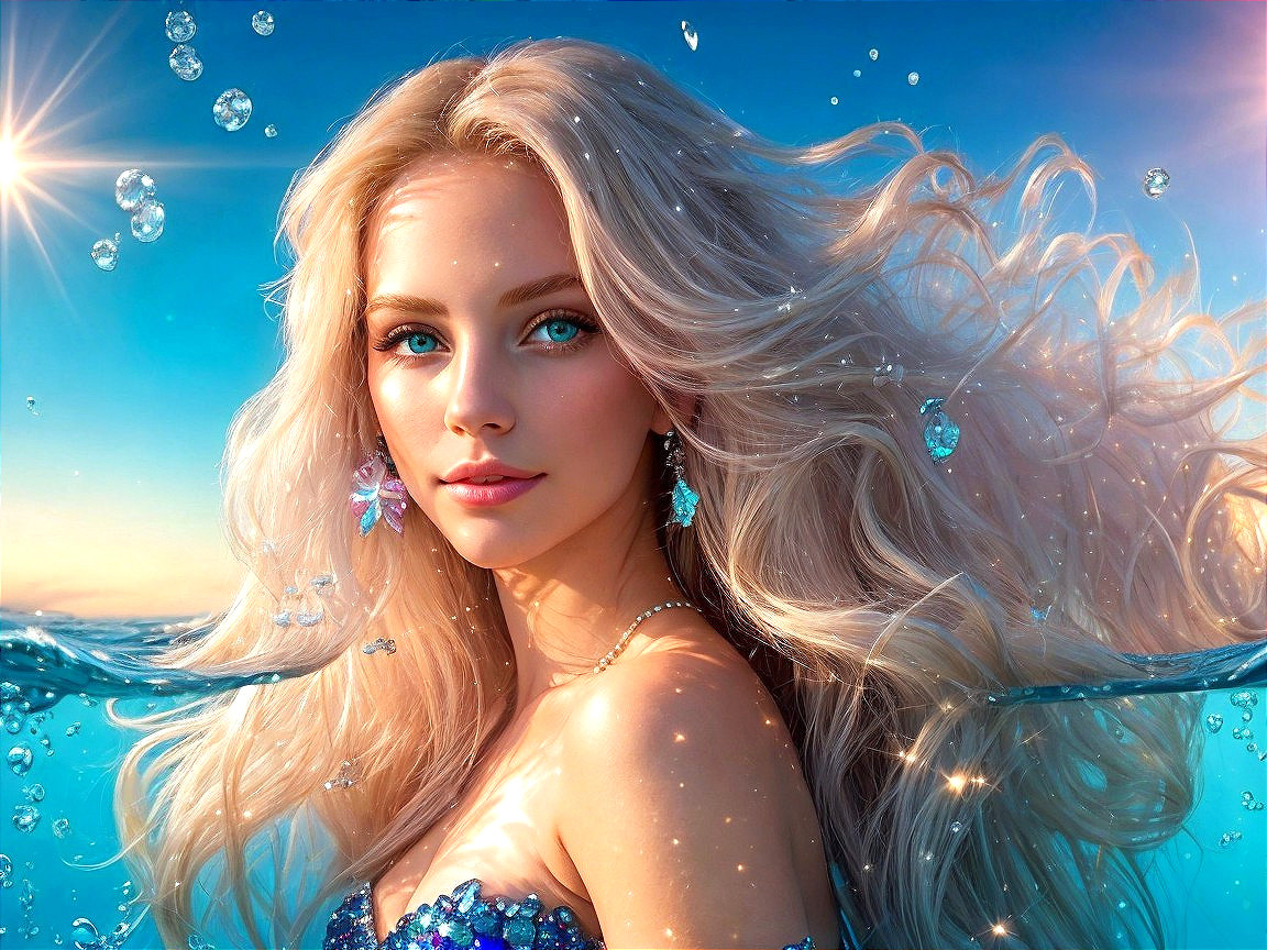 Blonde Woman in Shimmering Water with Blue Background