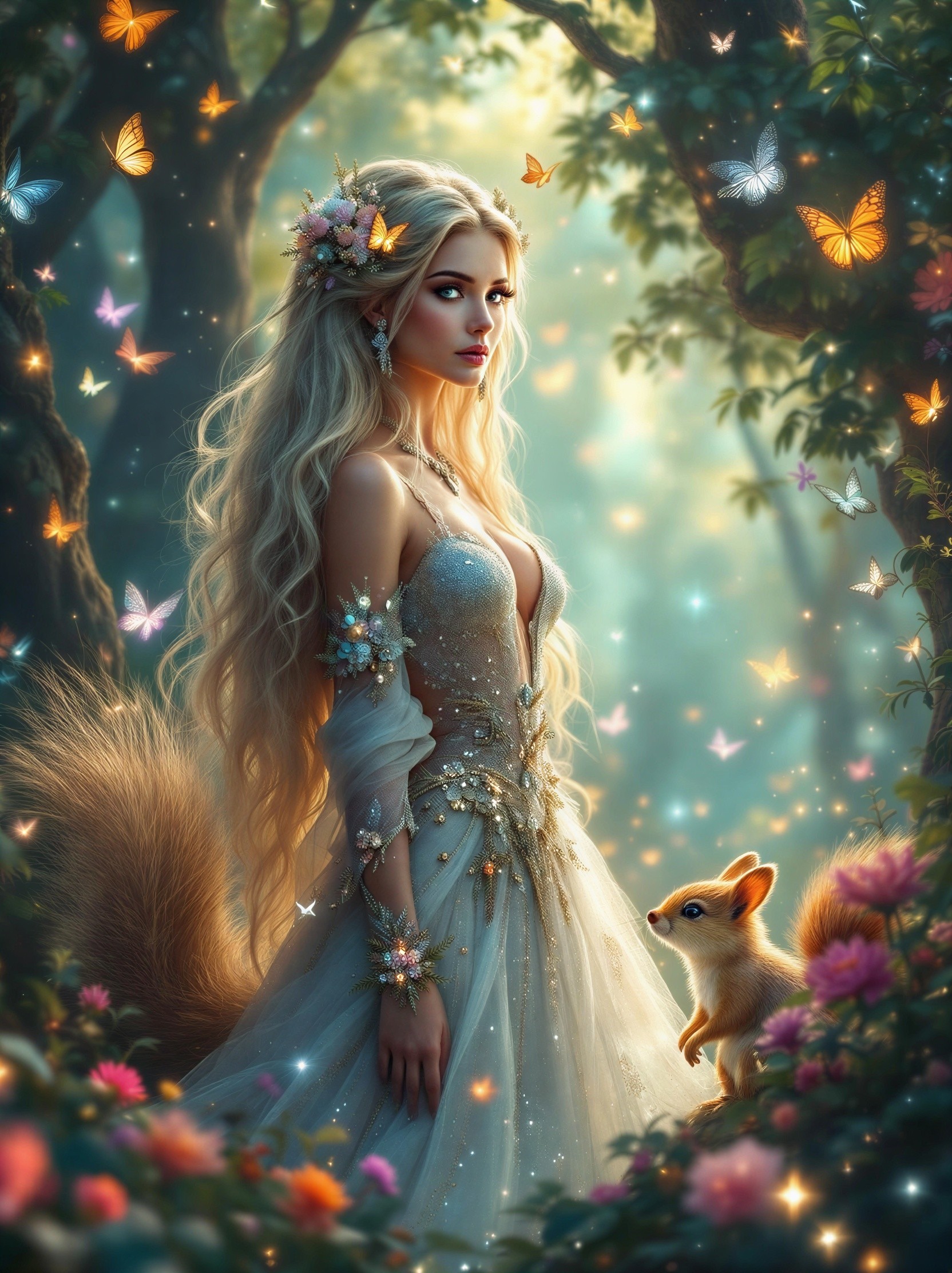 Young Woman in Enchanted Forest with Butterflies and Squirrel