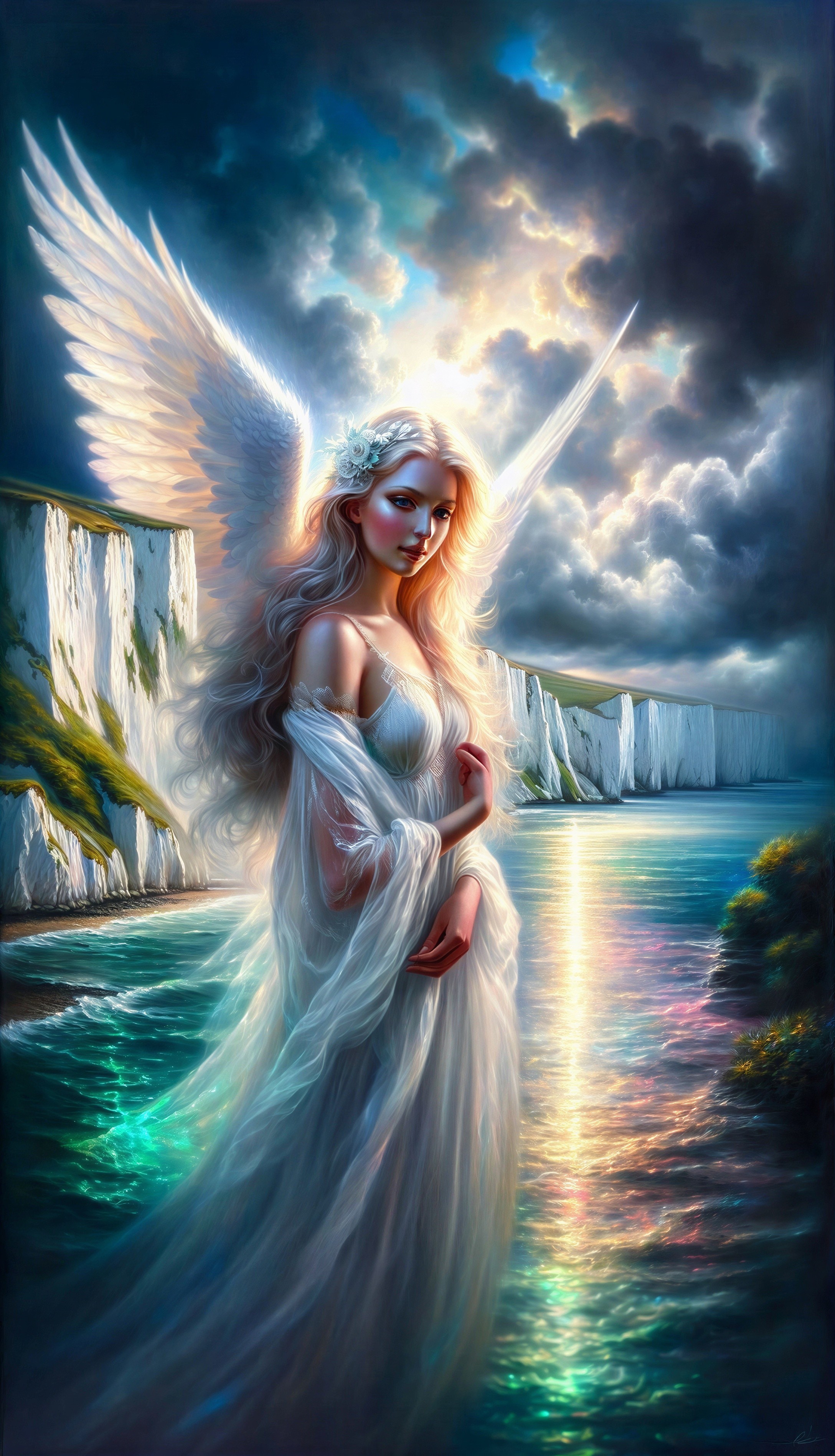 Angelic Figure by Serene Water with Dramatic Cliffs