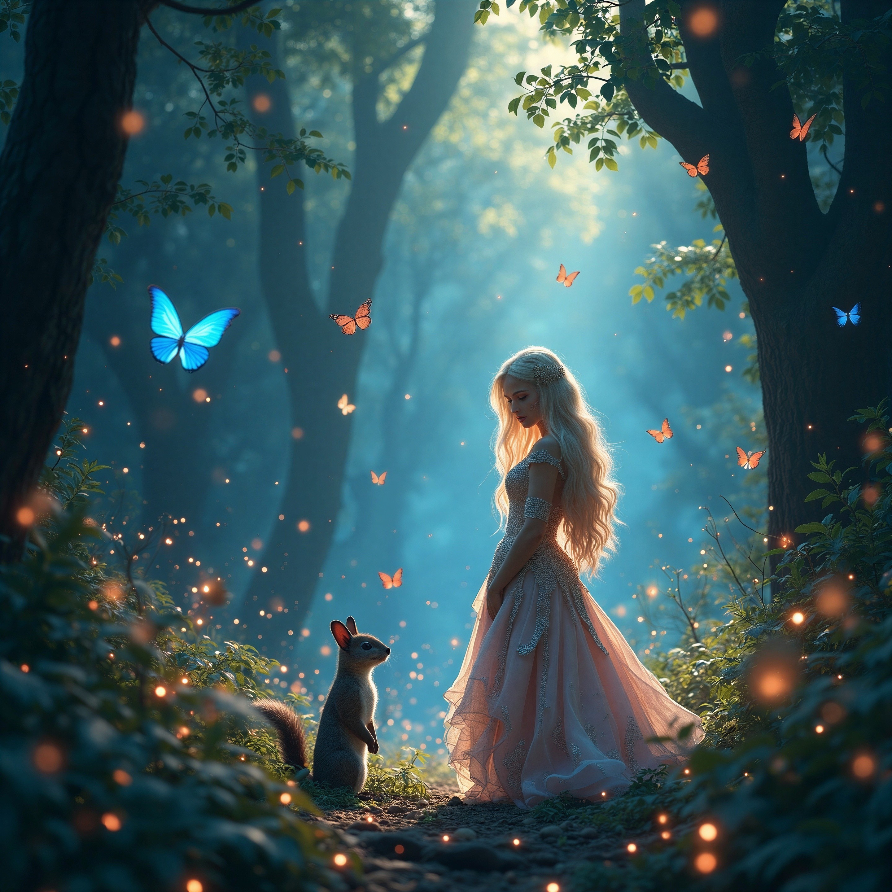 Young woman in pink gown with squirrel in magical forest