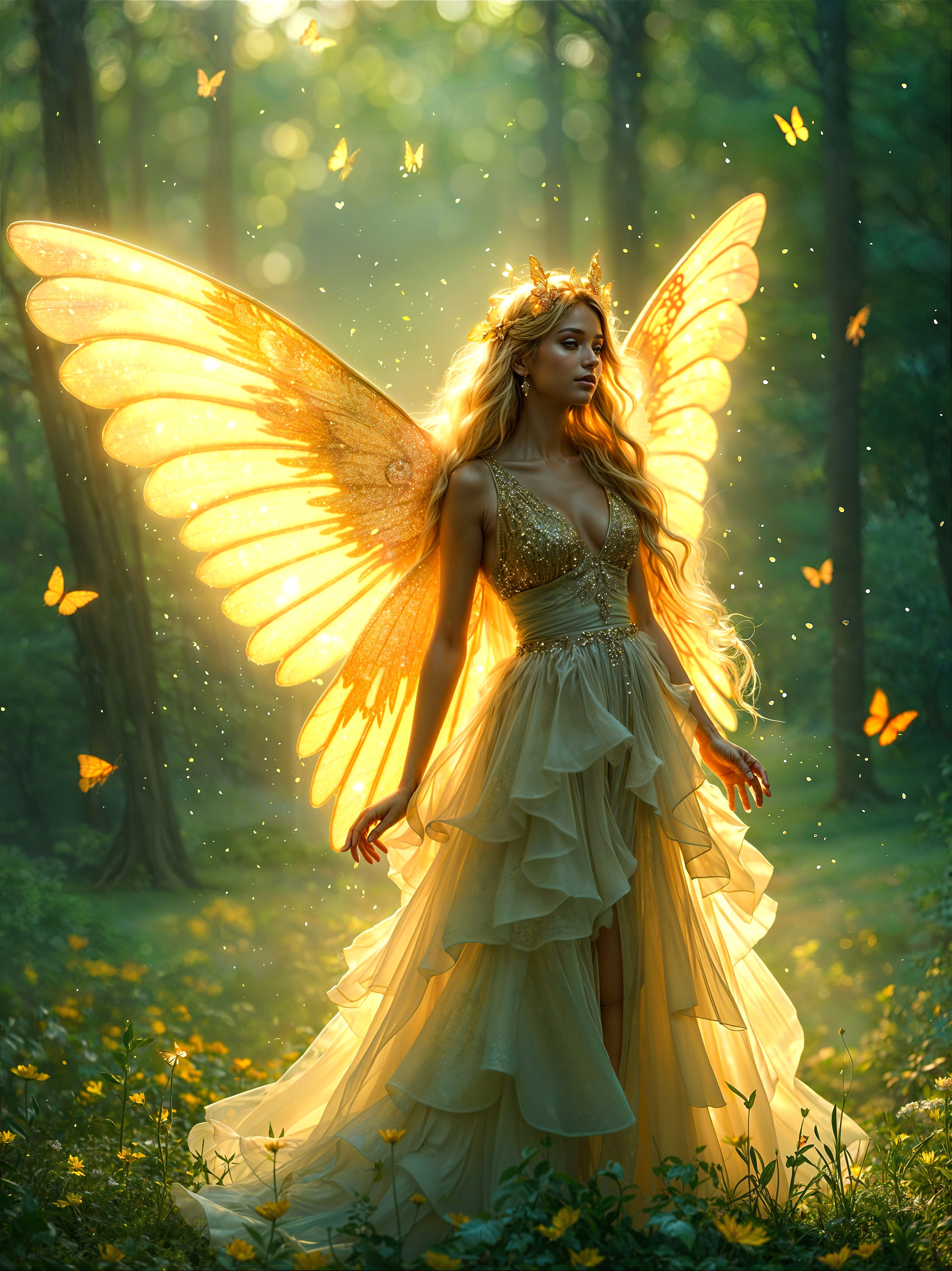 Ethereal Figure in Golden Gown in Mystical Forest